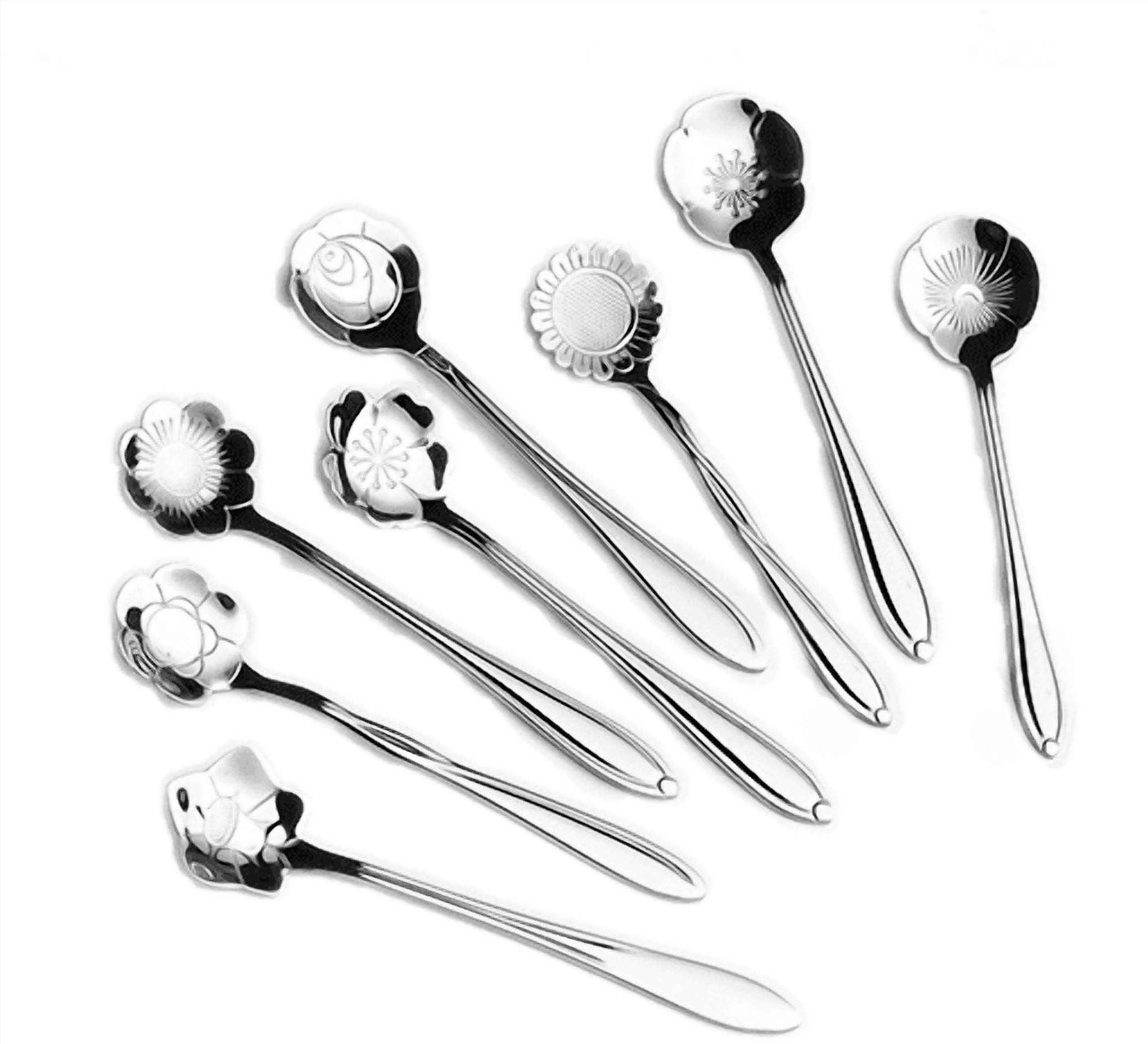 JWDX Cooking Utensils Clearance, Flower Spoon Set 8Pcs Stainless Teaspoon Rainbow Color for Coffee Tea Mixing Sugar Ice Stir Bar Spoons 8 Diffient Pattern Colorful Cutlery Set Kitchen Tool Gif As shown - Image 2