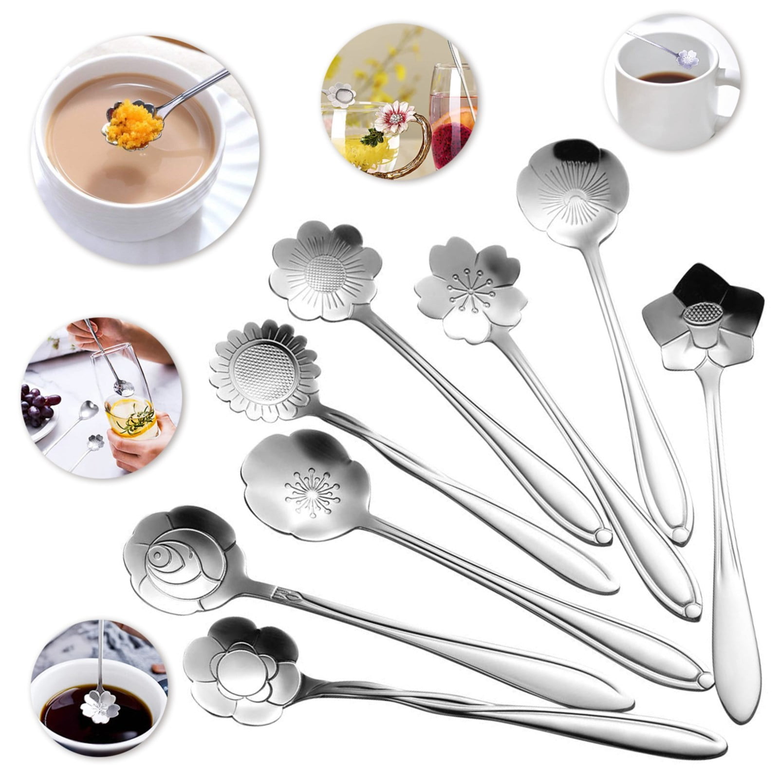 JWDX Cooking Utensils Clearance, Flower Spoon Set 8Pcs Stainless Teaspoon Rainbow Color for Coffee Tea Mixing Sugar Ice Stir Bar Spoons 8 Diffient Pattern Colorful Cutlery Set Kitchen Tool Gif As shown - Image 3