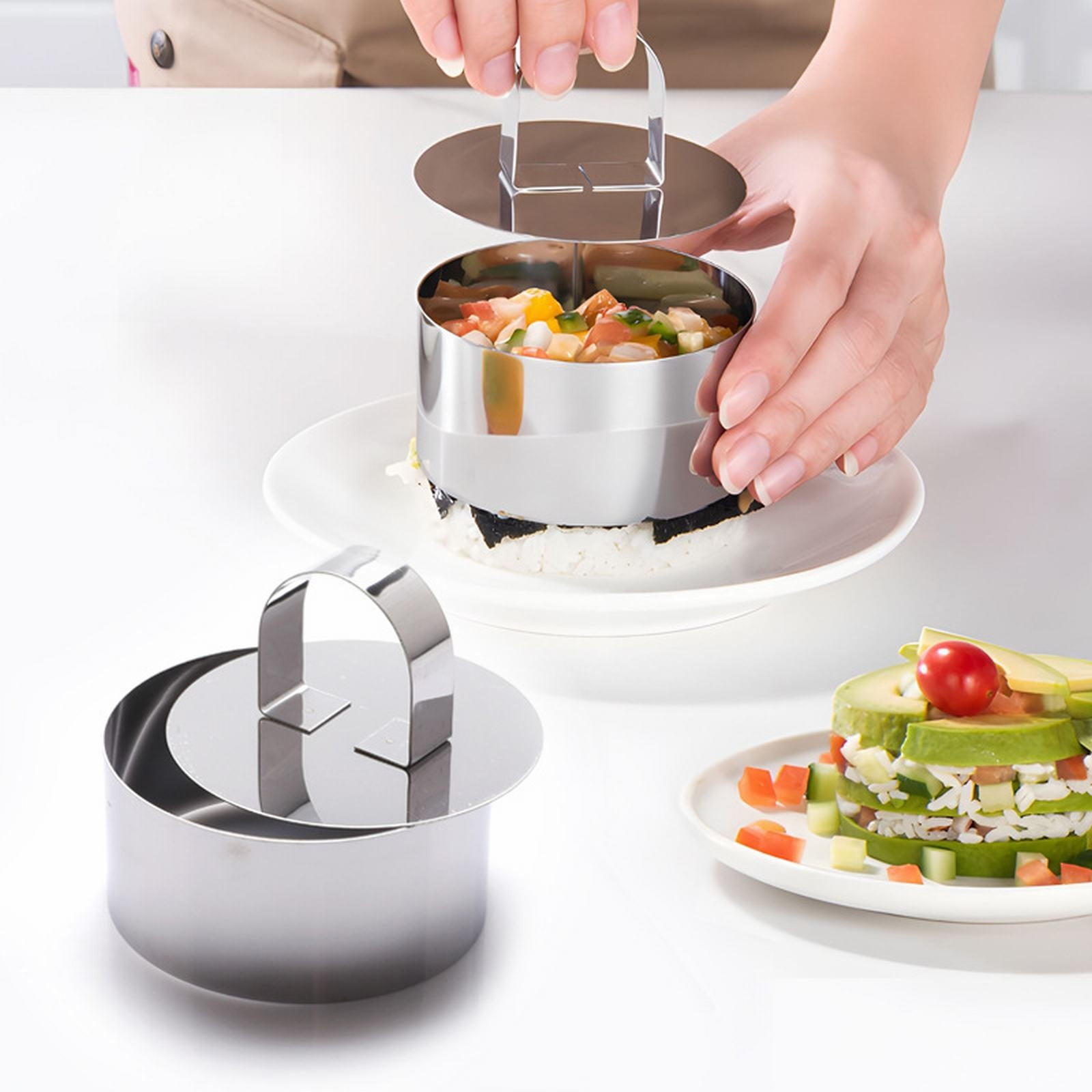 JWDX Cooking Utensils Clearance, 4 Pcs Round Ring for Cooking Stainless 3 Inch Food with 1 Pusher for Cake Dessert Tartare Dessert with Pusher and Lifter Cooking Rings Tartare As shown - Image 2