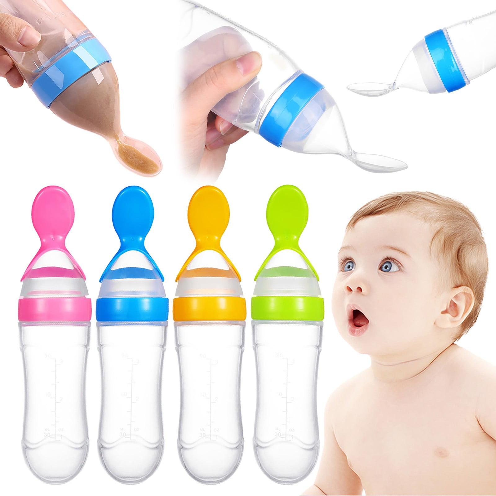JWDX Glass and Bottle Clearance, Baby Food Feeder 4 Pack Silicone Baby Food Dispensing Spoon Wajiayon 3 Oz Feeding Spoons with Suction Cup for Boys Girl Kids Toddlers Self Feeding Bottle Spoon As shown - Image 3