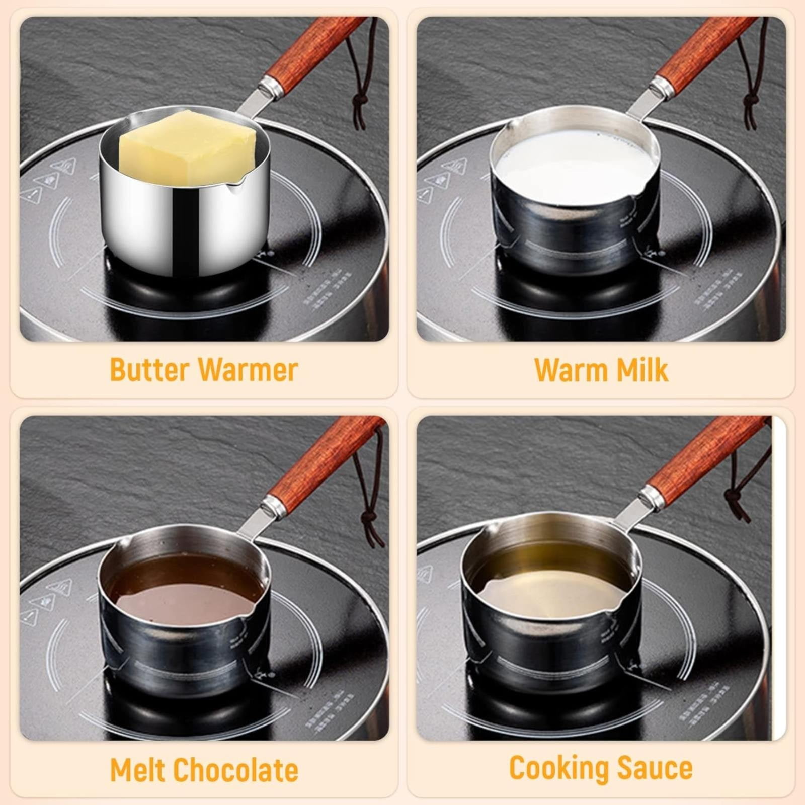 Clearance! Eguiwyn Stainless Steel Pan Mini Milk Warmer Pot Soup Pan with Wooden Handle Small Saucepan for Butter Warmer Heating Milk Cooking One Size A - Image 4