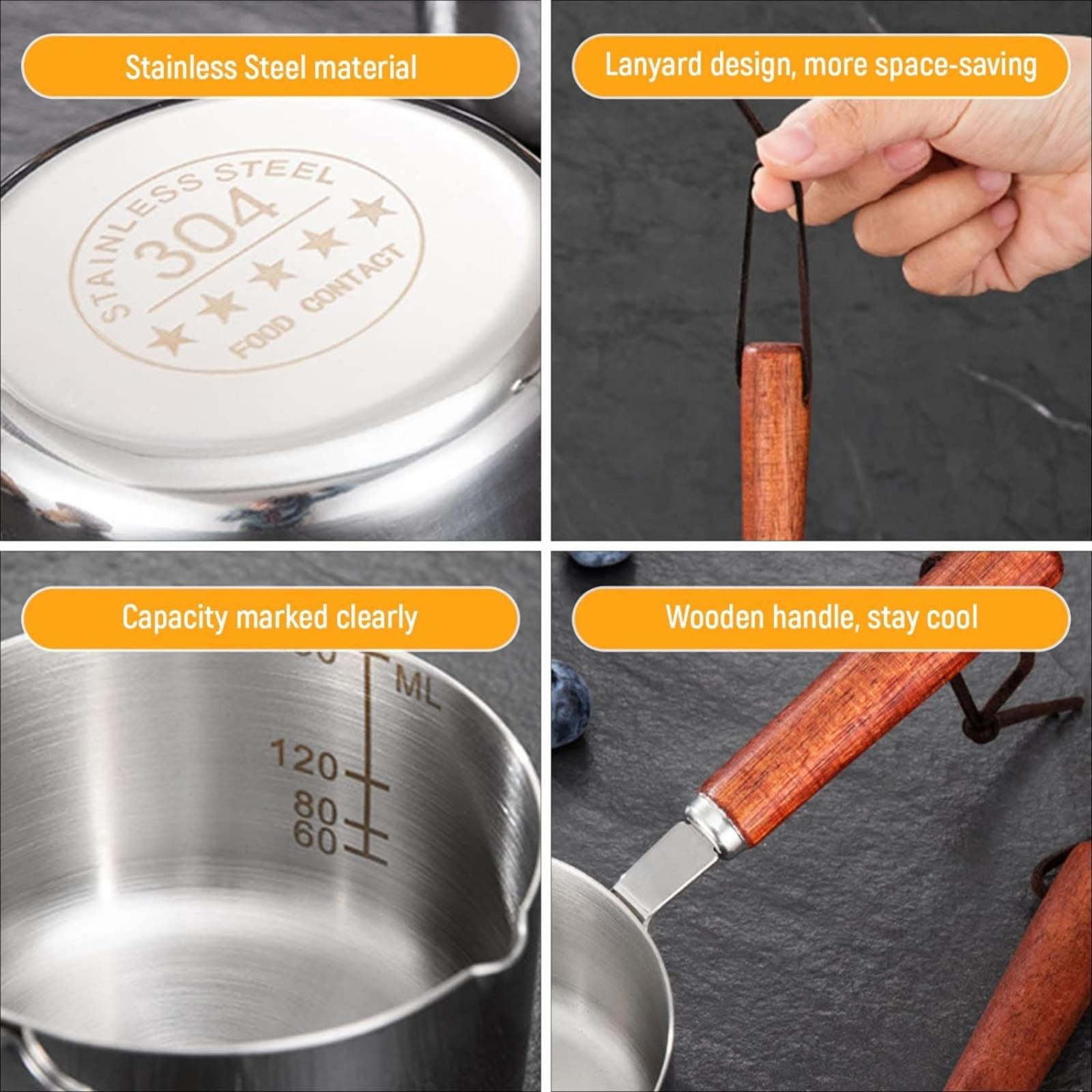 Clearance! Eguiwyn Stainless Steel Pan Mini Milk Warmer Pot Soup Pan with Wooden Handle Small Saucepan for Butter Warmer Heating Milk Cooking One Size A - Image 5