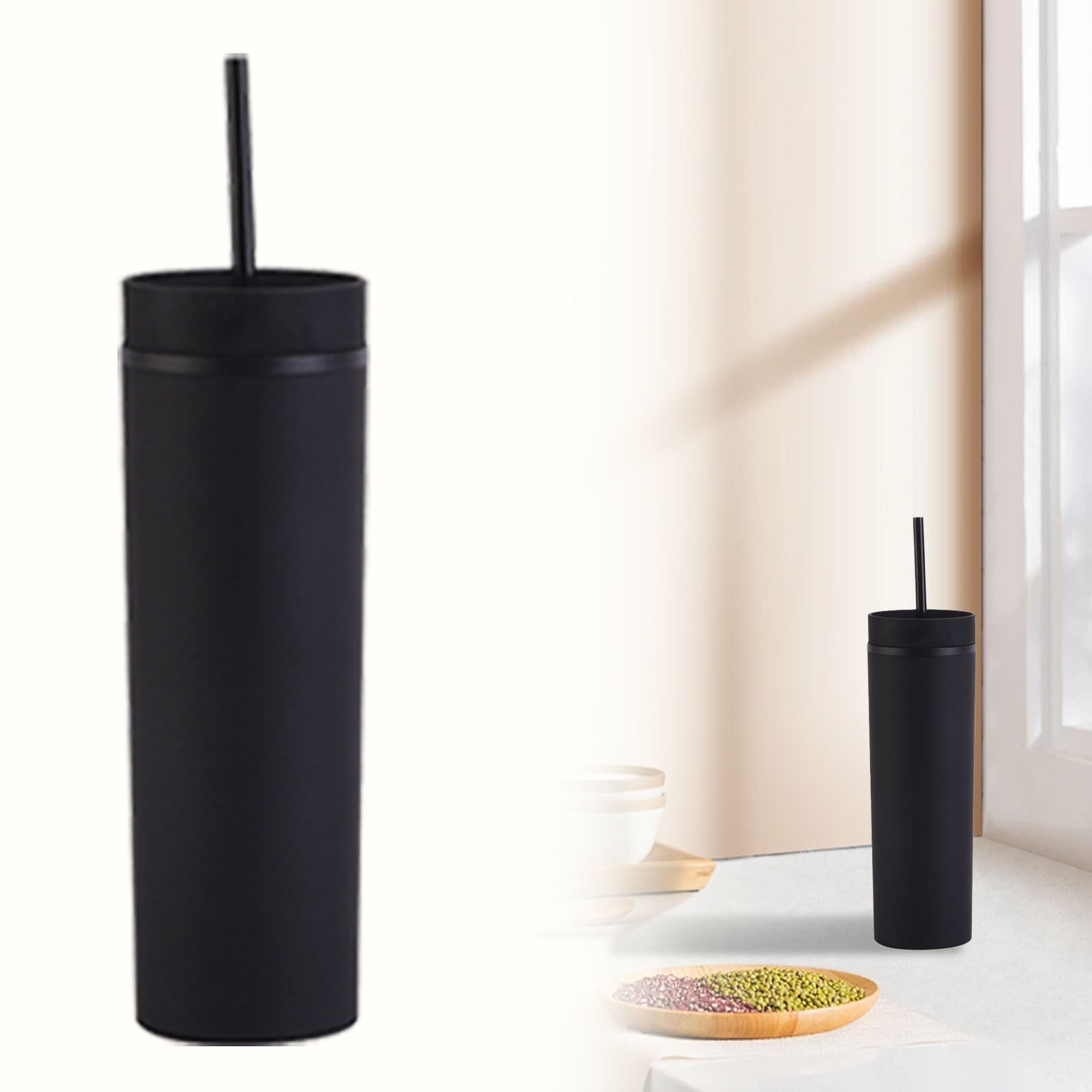 JWDX Glass and Bottle Clearance, 16Oz Tumbler with Lid and Plastic Water Coffee Tumbler Cup Water Bottle Slim Double Wall Reusable Plastic Tumbler Cups Travel Mug Coffee Cup 450Ml BKA - Image 2