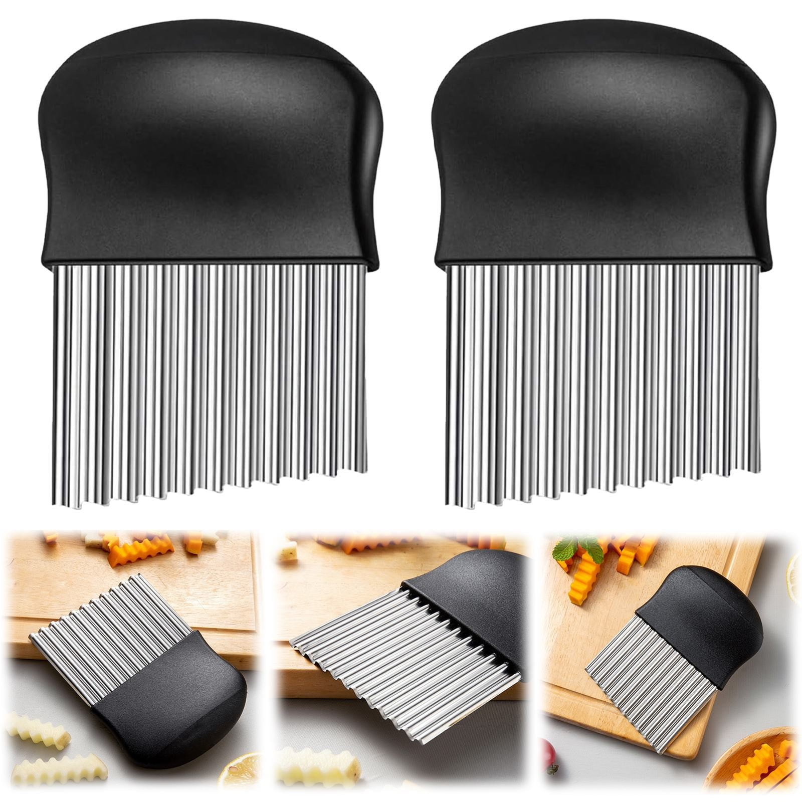 JWDX Crinkle Chopper, 2Pc Wavy Potato Soap Cutting Tool French Fry Slicer Stainless Steel Blade Wooden Handle Serrator Chopping Knife Z1-B - Image 2
