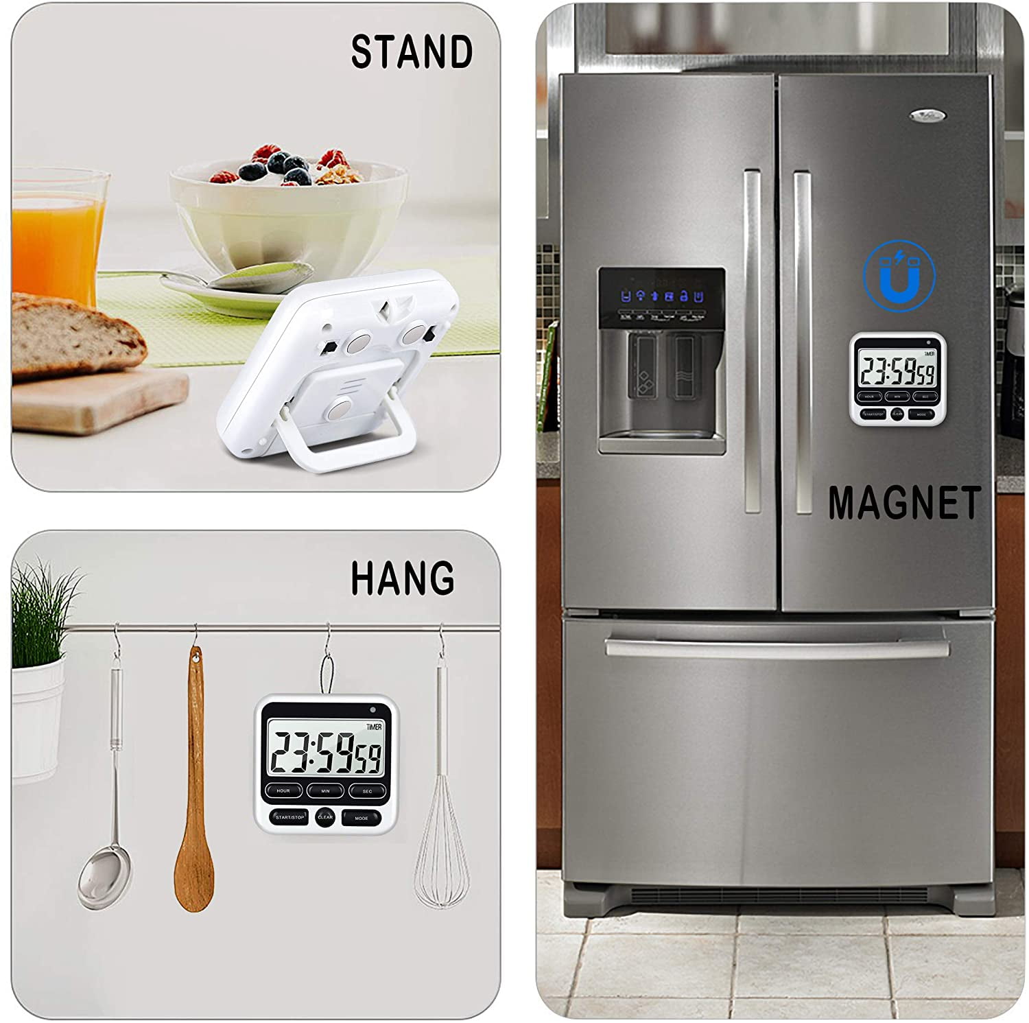 Digital Countdown Kitchen Timer -Count Up Down Magnetic Timer Clock for Cooking Baking Gym Students Black - Image 3