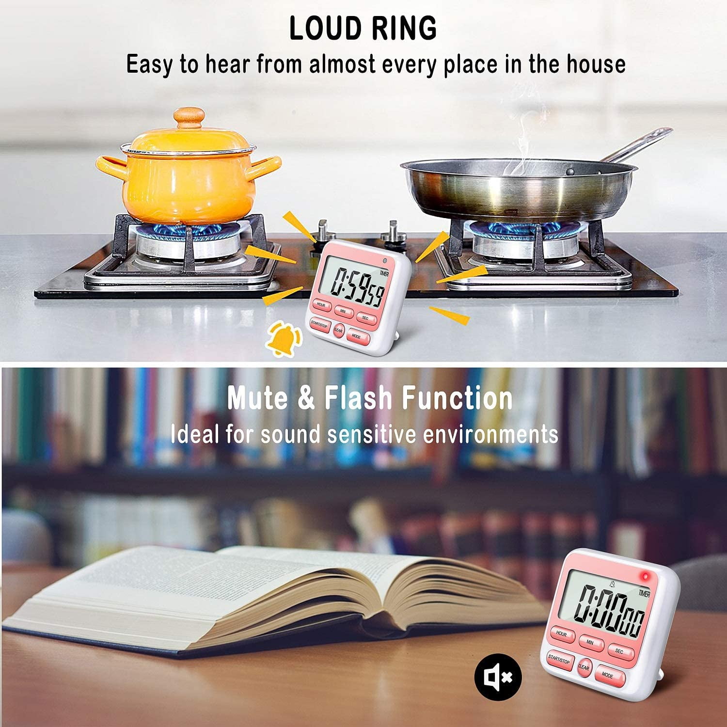 Digital Countdown Kitchen Timer -Count Up Down Magnetic Timer Clock for Cooking Baking Gym Students Pink - Image 3