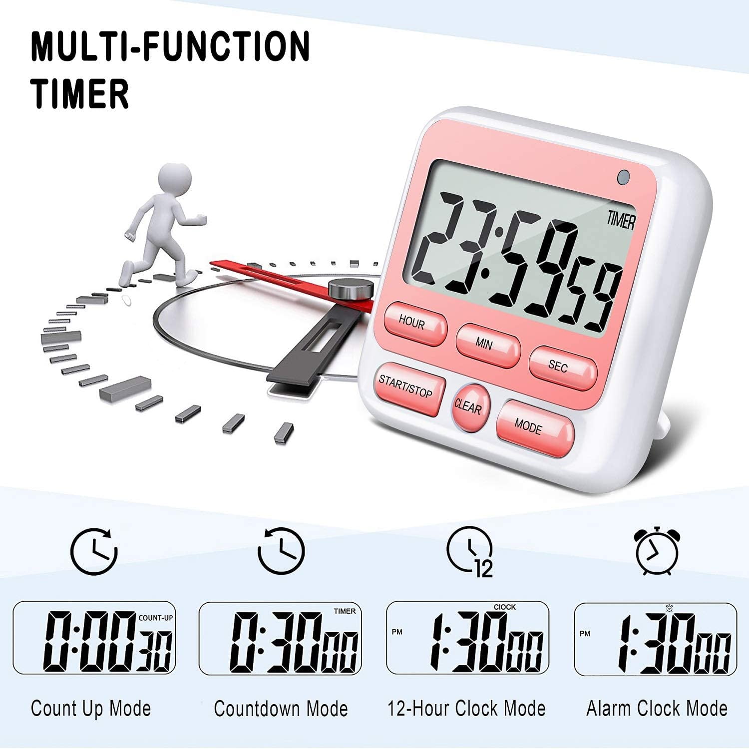Digital Countdown Kitchen Timer -Count Up Down Magnetic Timer Clock for Cooking Baking Gym Students Pink - Image 6