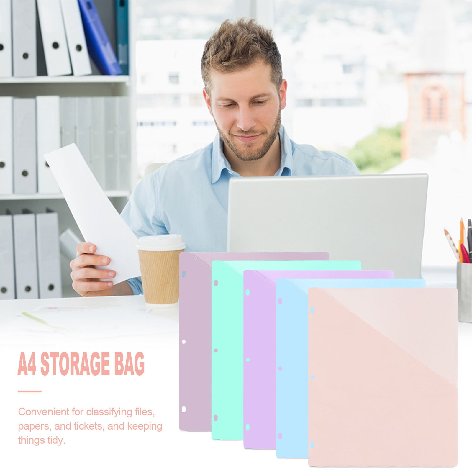 A4Pp Document Bag 3-Hole Loose-Leaf Document Bag Insert Bag (5Pcs) Jwdx Dividers with Pockets Dividers with Pockets Pocket Dividers with 3 Holes for 3 Ring Bividers with Pocket & Tabs for Planners One Size Light blue - Image 2