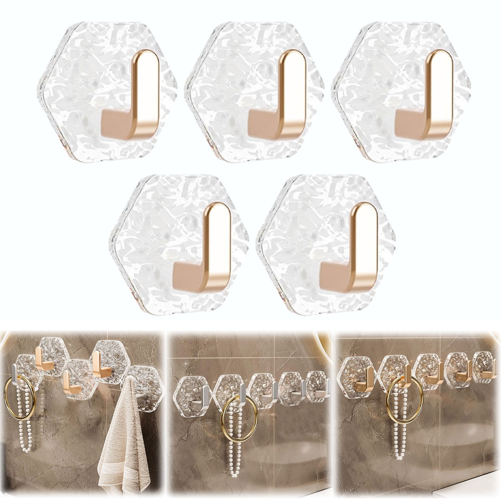 JWDX, Wall Mount Hooks Hexagon Adhesive Hooks with Water Design No Drill Wall Hanging Storage Rack Damage Sticky Hooks for Kitchen Bathroom Towel Hanging(5Pc) One Size Gold - Image 2