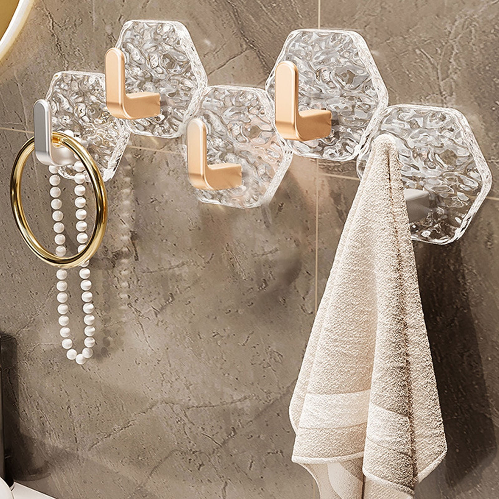 JWDX, Wall Mount Hooks Hexagon Adhesive Hooks with Water Design No Drill Wall Hanging Storage Rack Damage Sticky Hooks for Kitchen Bathroom Towel Hanging(5Pc) One Size Gold - Image 4