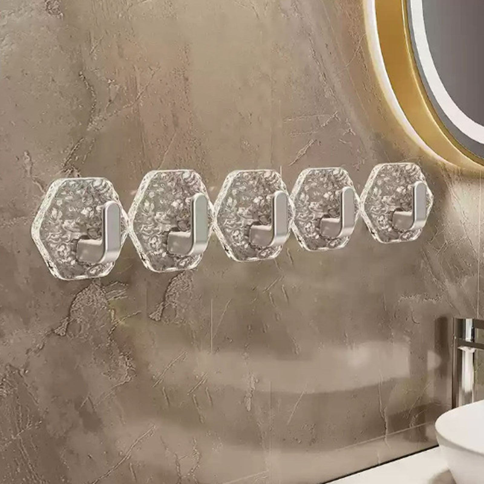 JWDX, Wall Mount Hooks Hexagon Adhesive Hooks with Water Design No Drill Wall Hanging Storage Rack Damage Sticky Hooks for Kitchen Bathroom Towel Hanging(5Pc) One Size Gold - Image 5