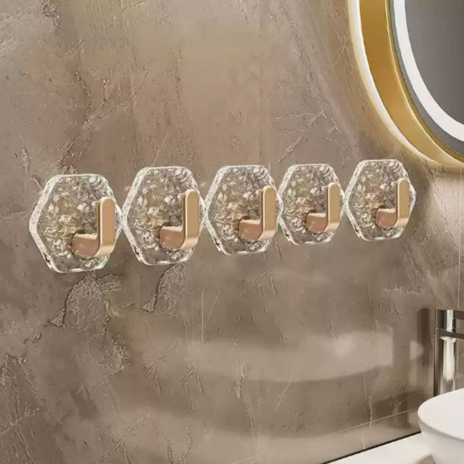 JWDX, Wall Mount Hooks Hexagon Adhesive Hooks with Water Design No Drill Wall Hanging Storage Rack Damage Sticky Hooks for Kitchen Bathroom Towel Hanging(5Pc) One Size Gold - Image 6