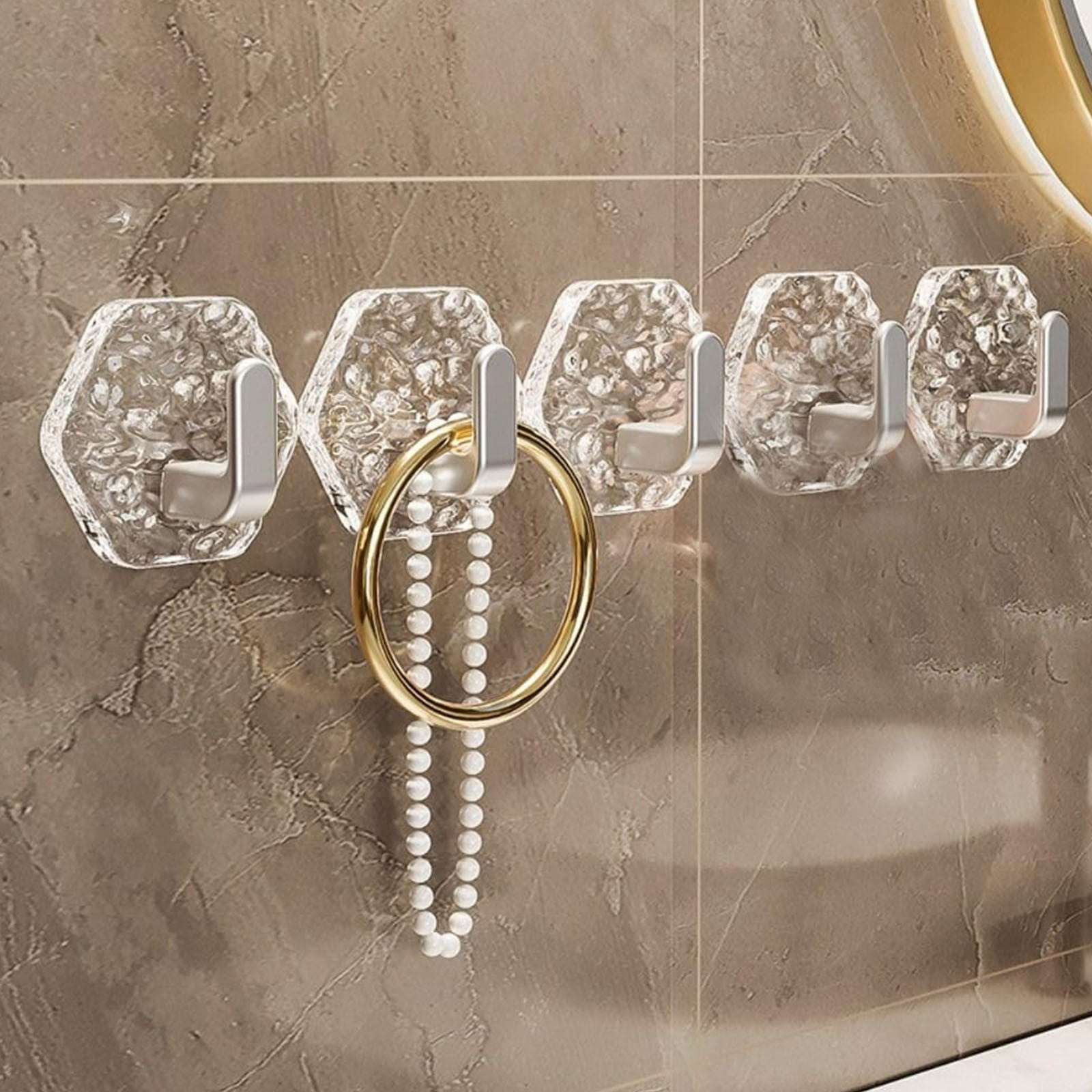 JWDX, Wall Mount Hooks Hexagon Adhesive Hooks with Water Design No Drill Wall Hanging Storage Rack Damage Sticky Hooks for Kitchen Bathroom Towel Hanging(5Pc) One Size Gold - Image 8
