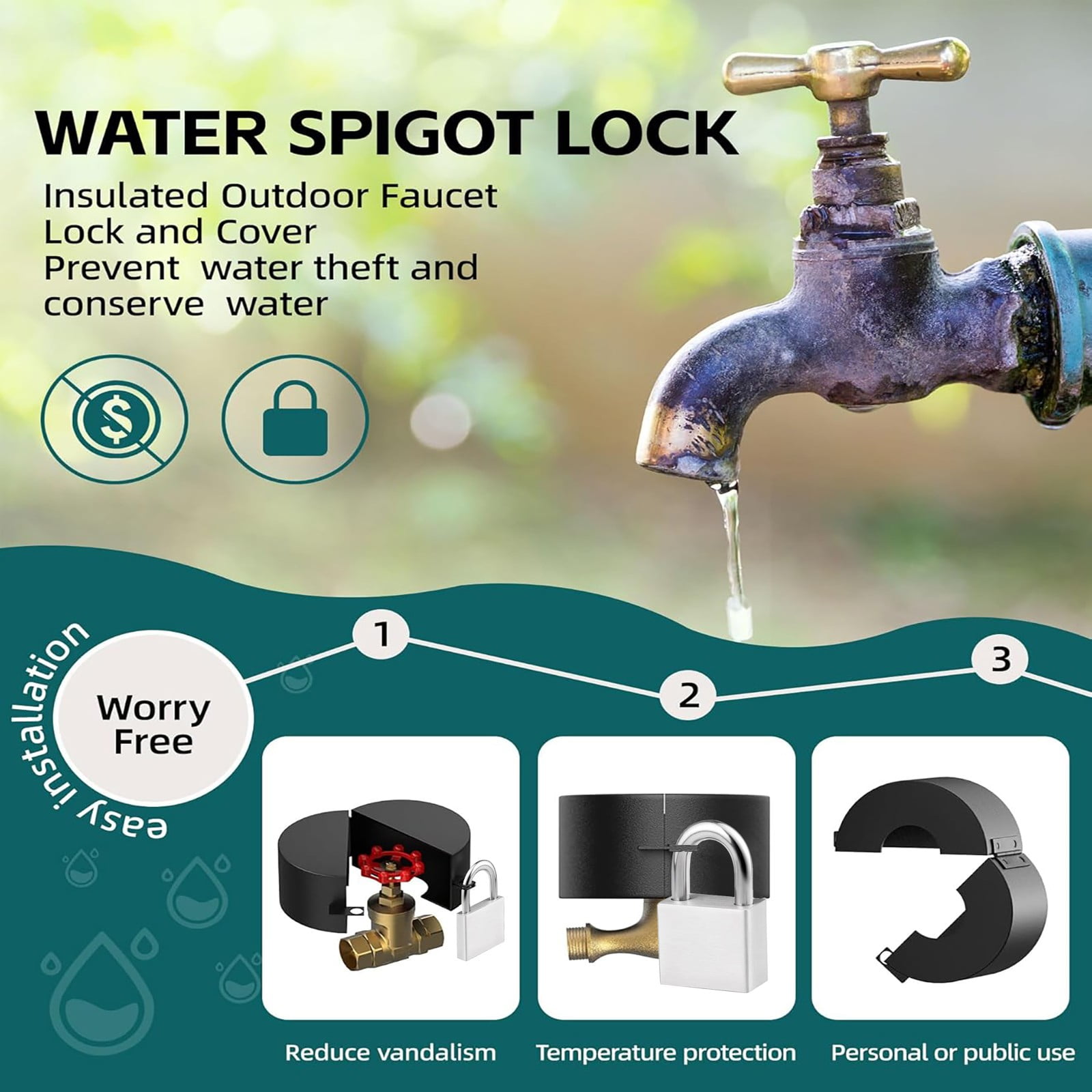 Door Handle Faucet Protection Cover Faucet Locks Outdoor Water Spigot Lock With Combination Lock Hose Bib Lock Stainless Water And Stop Unauthorized Water Use For Garden Etc JWDX One Size Silver - Image 6