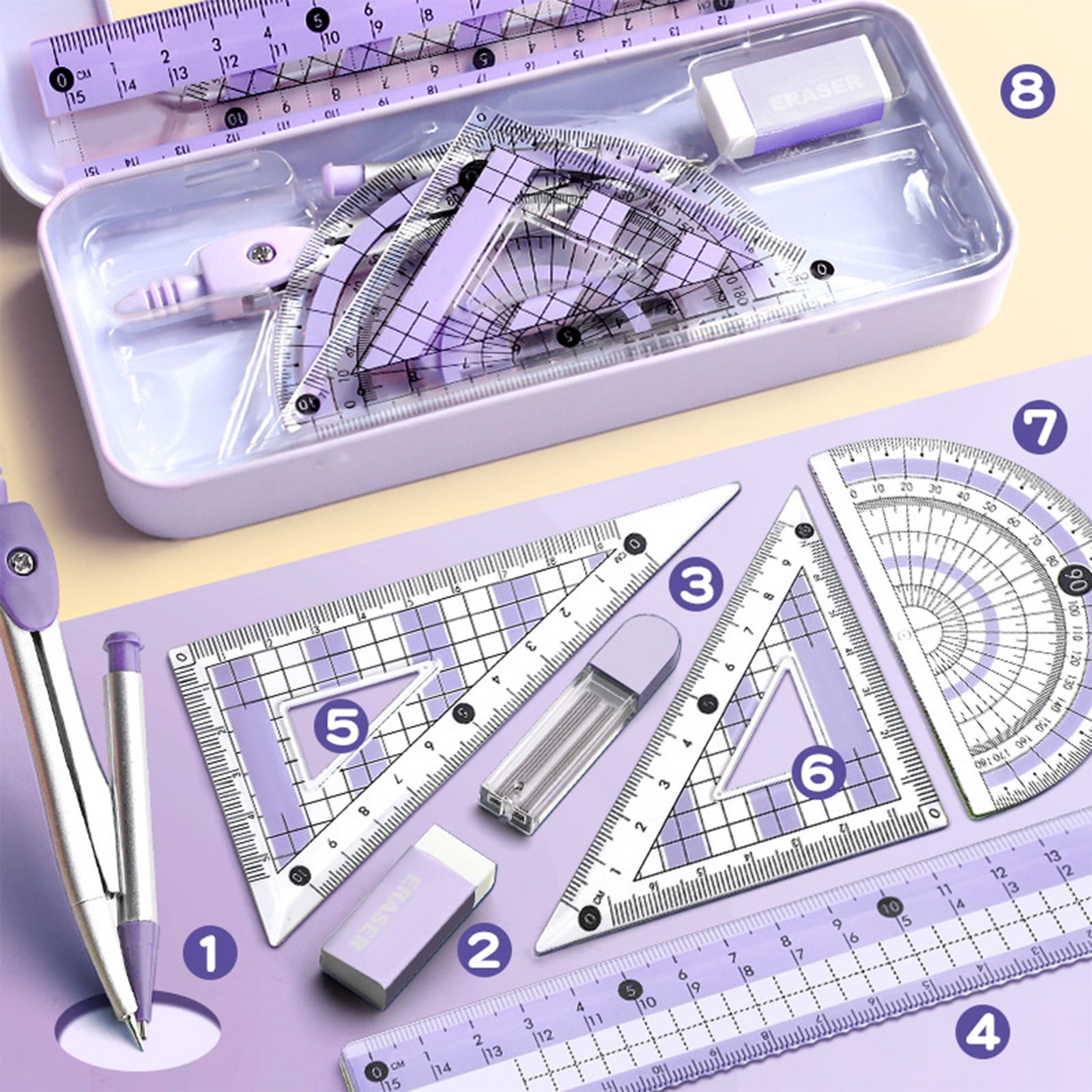 Grrvtrz Ruler,Avoid Myopia Math Geometry Kit 8 Piece Supplies Set with Shatterproof Storage Box Including Ruler Protractor Eraser Lead Leads Pencils for,ice Supplies,Stationery 7.09*3.15*1.57 Purple - Image 1