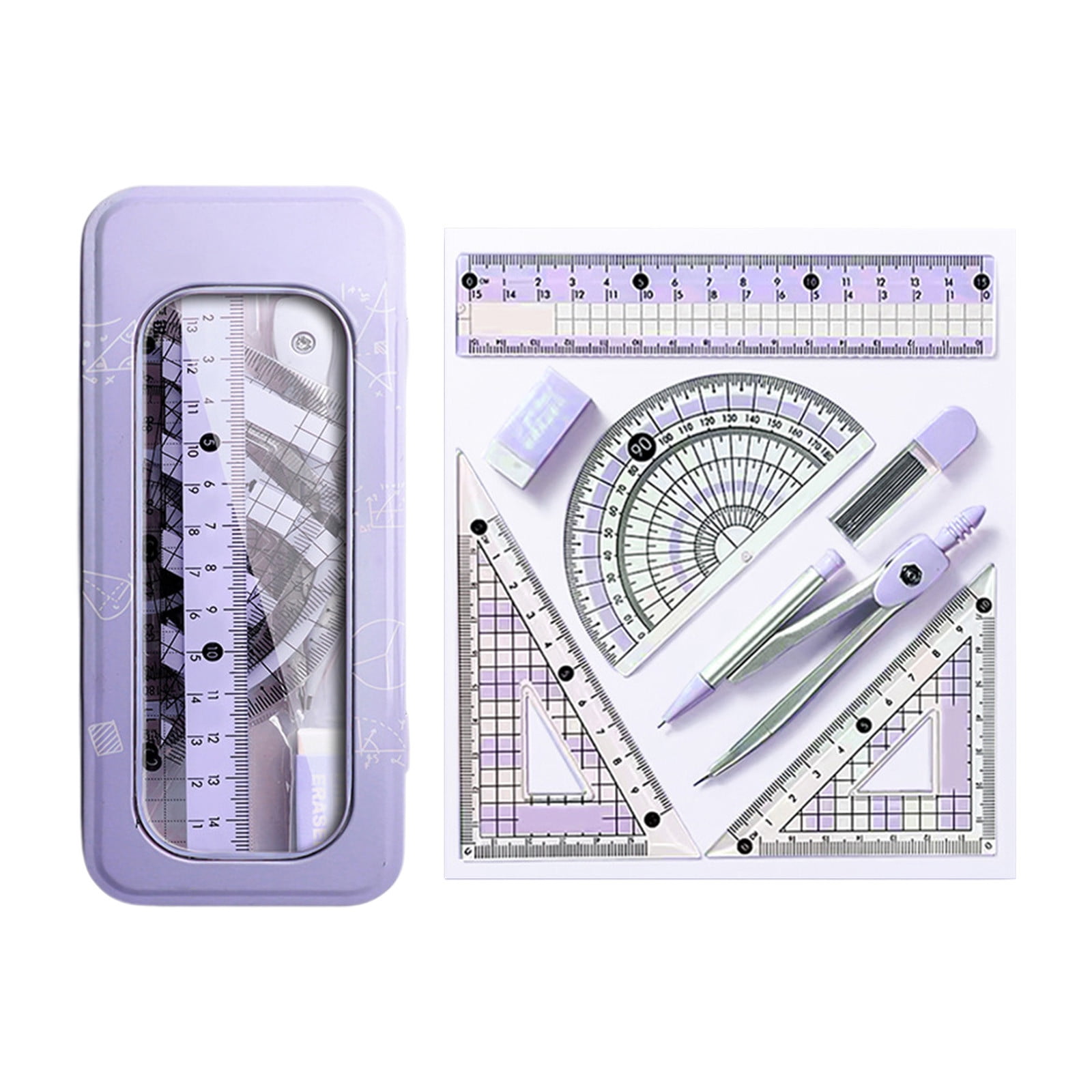 Grrvtrz Ruler,Avoid Myopia Math Geometry Kit 8 Piece Supplies Set with Shatterproof Storage Box Including Ruler Protractor Eraser Lead Leads Pencils for,ice Supplies,Stationery 7.09*3.15*1.57 Purple - Image 2