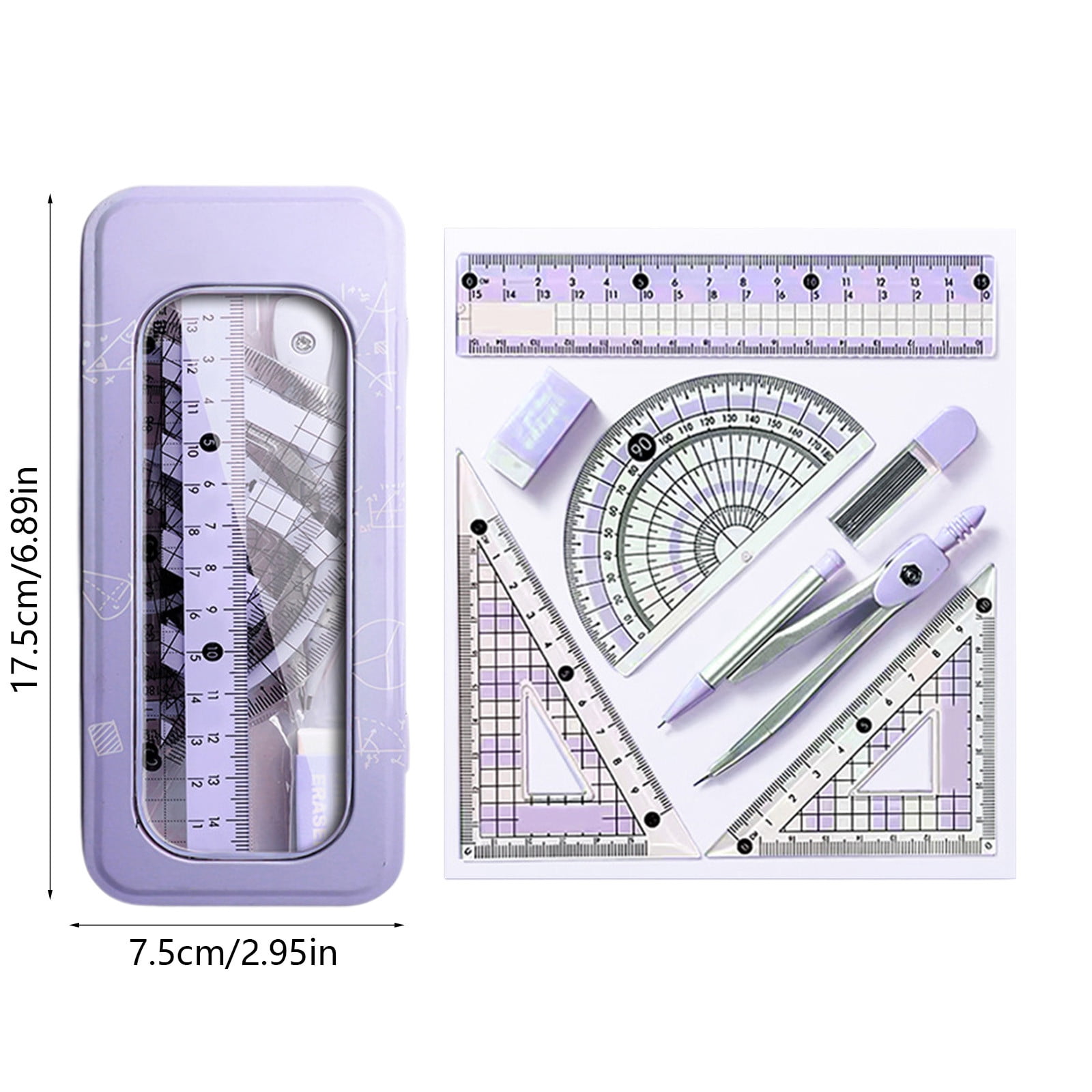 Grrvtrz Ruler,Avoid Myopia Math Geometry Kit 8 Piece Supplies Set with Shatterproof Storage Box Including Ruler Protractor Eraser Lead Leads Pencils for,ice Supplies,Stationery 7.09*3.15*1.57 Purple - Image 3