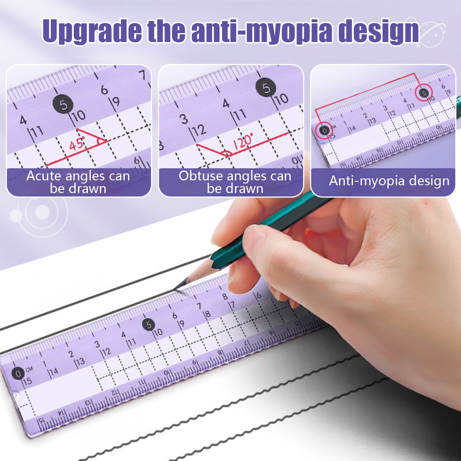 Grrvtrz Ruler,Avoid Myopia Math Geometry Kit 8 Piece Supplies Set with Shatterproof Storage Box Including Ruler Protractor Eraser Lead Leads Pencils for,ice Supplies,Stationery 7.09*3.15*1.57 Purple - Image 4