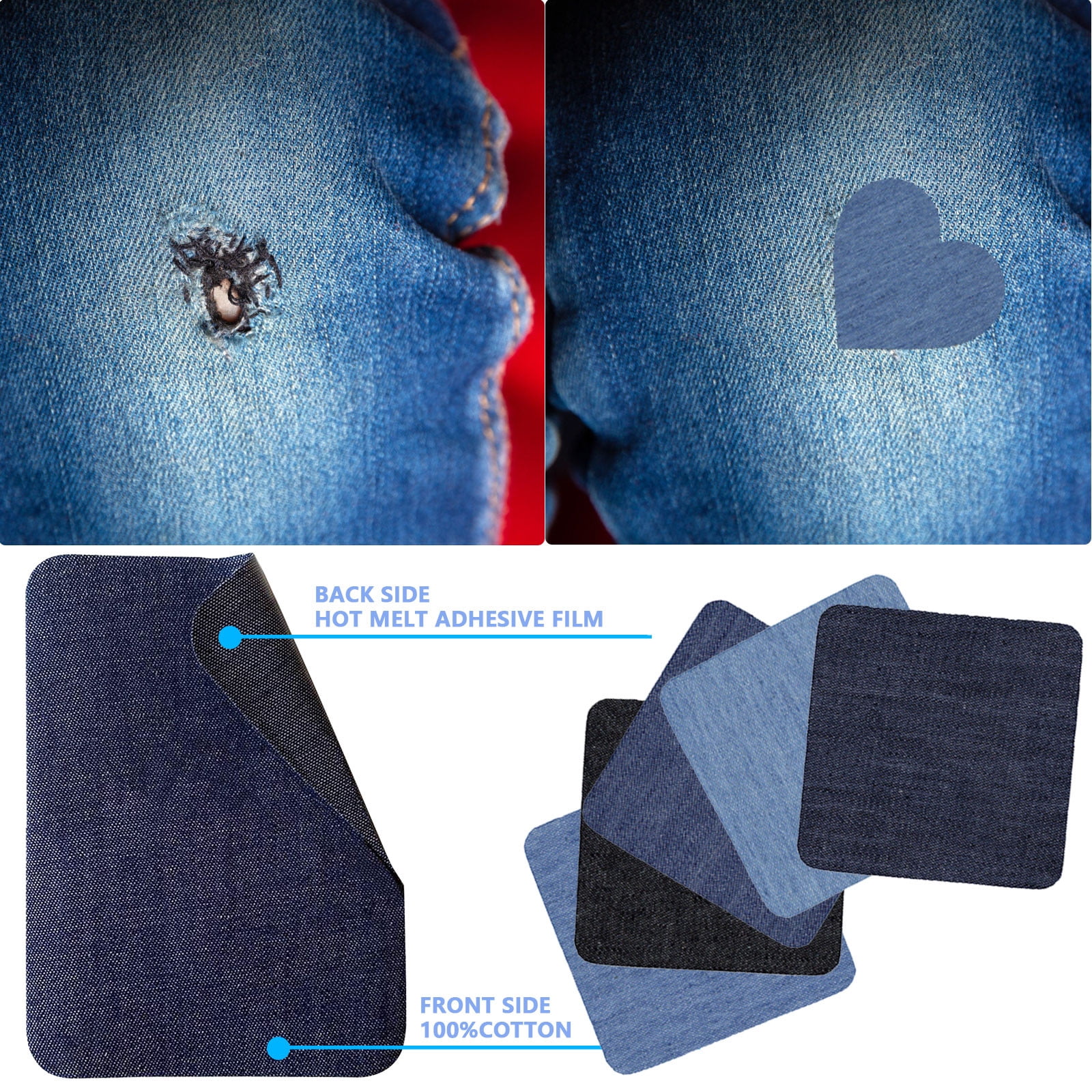 JWDX Hot Clearance! Denim Iron on Jean Patches Inside & Outside Strongest Glue Assorted Shades of Blue Repair Decorating 2.75 Inch, 5-Piece Jeans Patch Small Size (7.5x7.5Cm) Small (7.5x7.5cm), 5 pieces E - Image 6