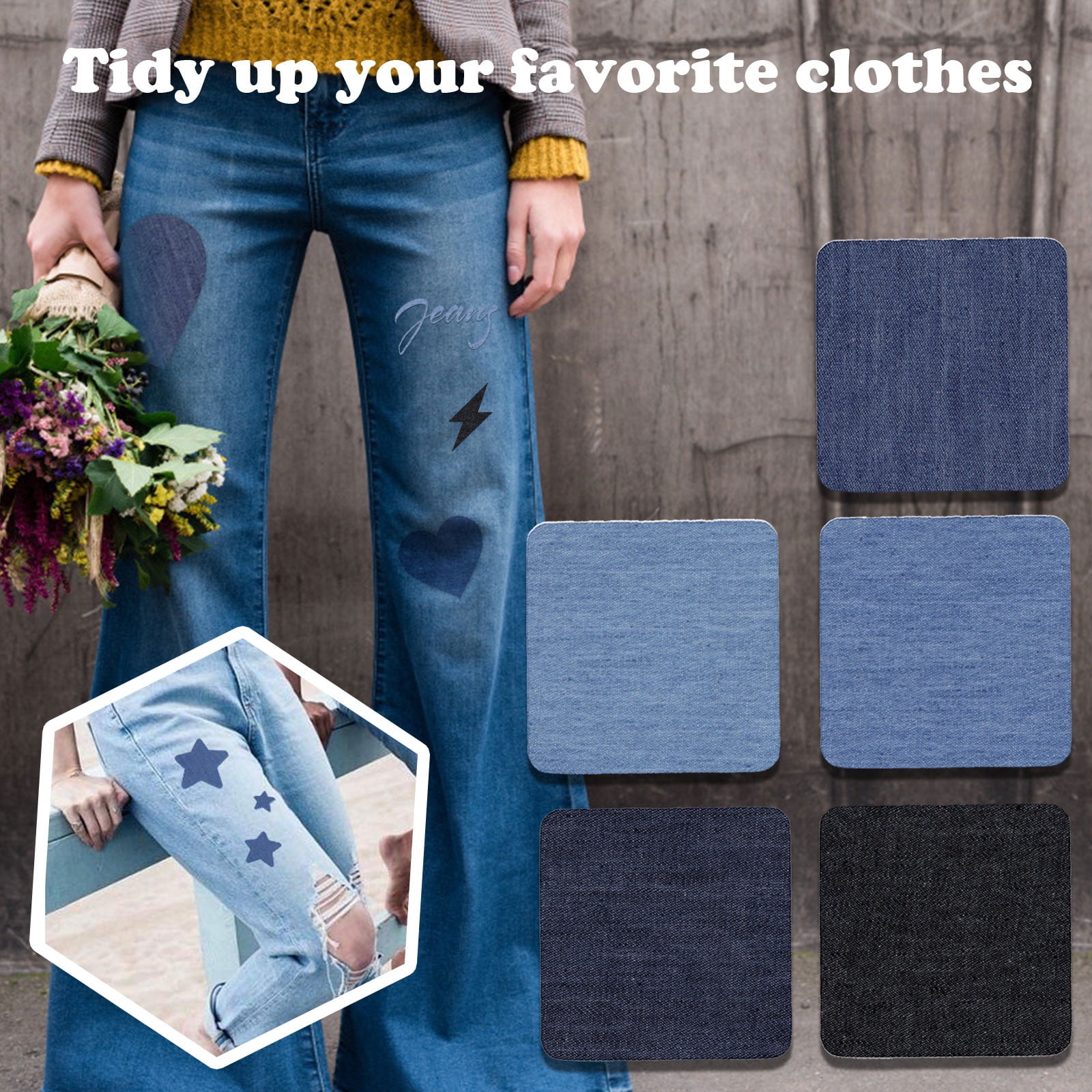 JWDX Hot Clearance! Denim Iron on Jean Patches Inside & Outside Strongest Glue Assorted Shades of Blue Repair Decorating 2.75 Inch, 5-Piece Jeans Patch Small Size (7.5x7.5Cm) Small (7.5x7.5cm), 5 pieces E - Image 7