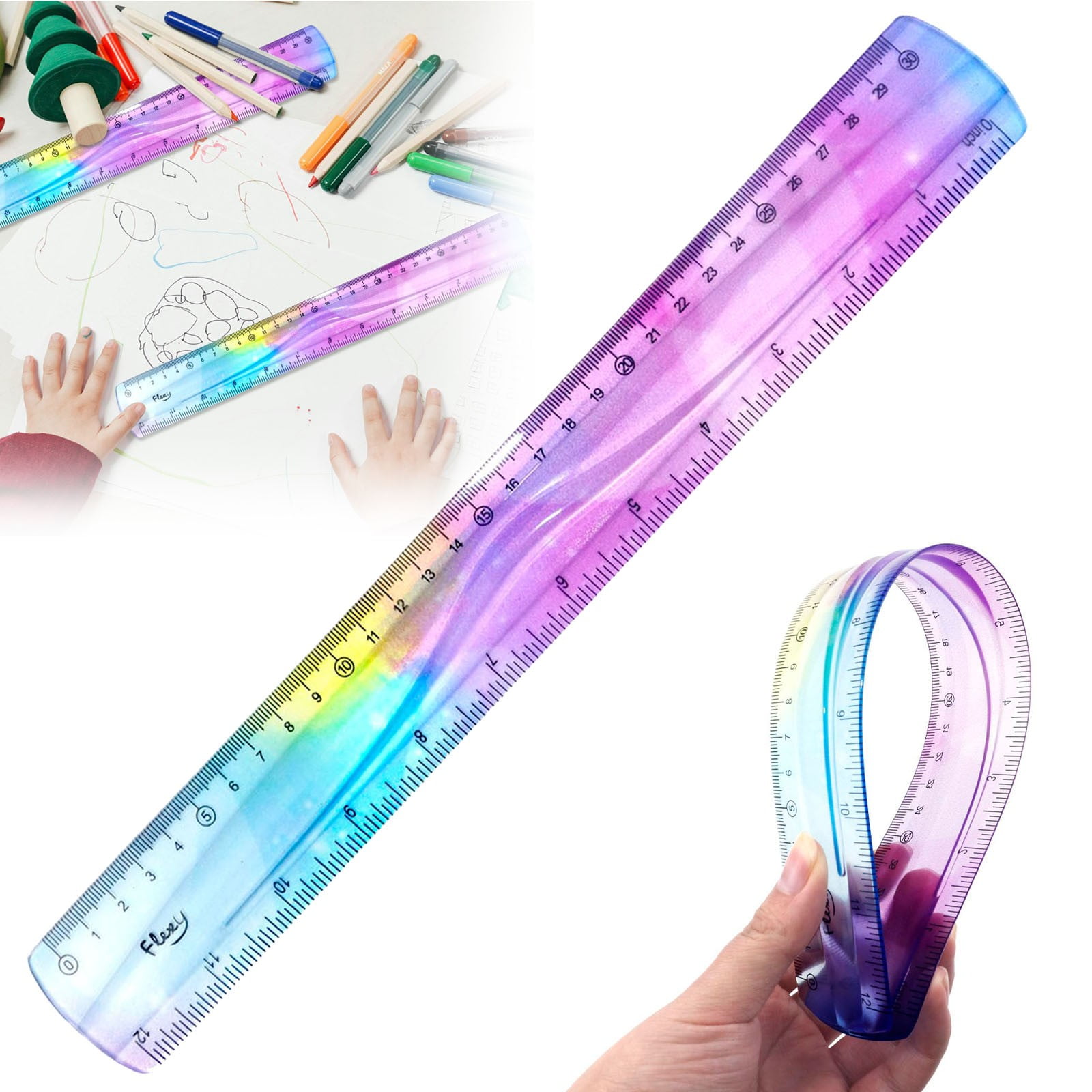 JWDX Hot Clearance! 12 Inch Flexible Ruler Bendable Plastic Ruler Soft Bendable Gradient Colour Rulers with Centimeters and Inches for stǔdənt Schǒ-ǒl Classroom, 1 30Cm Colorful Flexible Ruler Colorful flexible ruler Light blue - Image 2