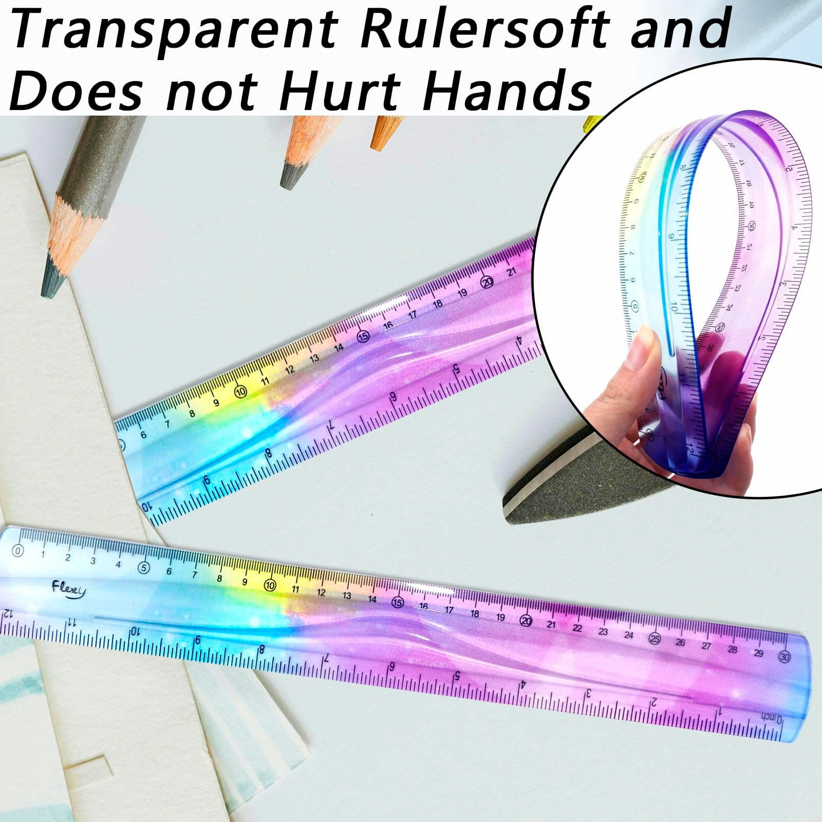 JWDX Hot Clearance! 12 Inch Flexible Ruler Bendable Plastic Ruler Soft Bendable Gradient Colour Rulers with Centimeters and Inches for stǔdənt Schǒ-ǒl Classroom, 1 30Cm Colorful Flexible Ruler Colorful flexible ruler Light blue - Image 6