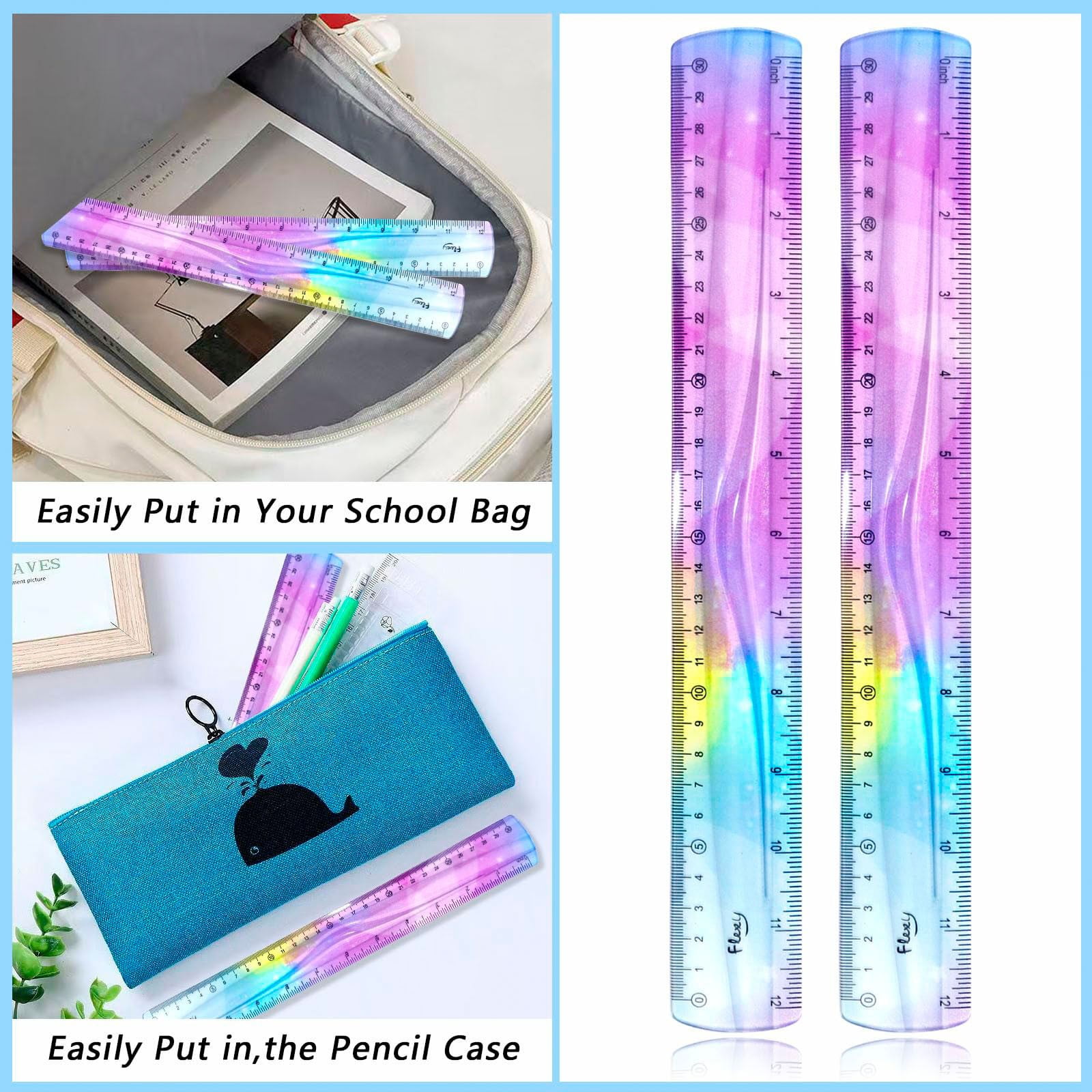 JWDX Hot Clearance! 12 Inch Flexible Ruler Bendable Plastic Ruler Soft Bendable Gradient Colour Rulers with Centimeters and Inches for stǔdənt Schǒ-ǒl Classroom, 1 30Cm Colorful Flexible Ruler Colorful flexible ruler Light blue - Image 8