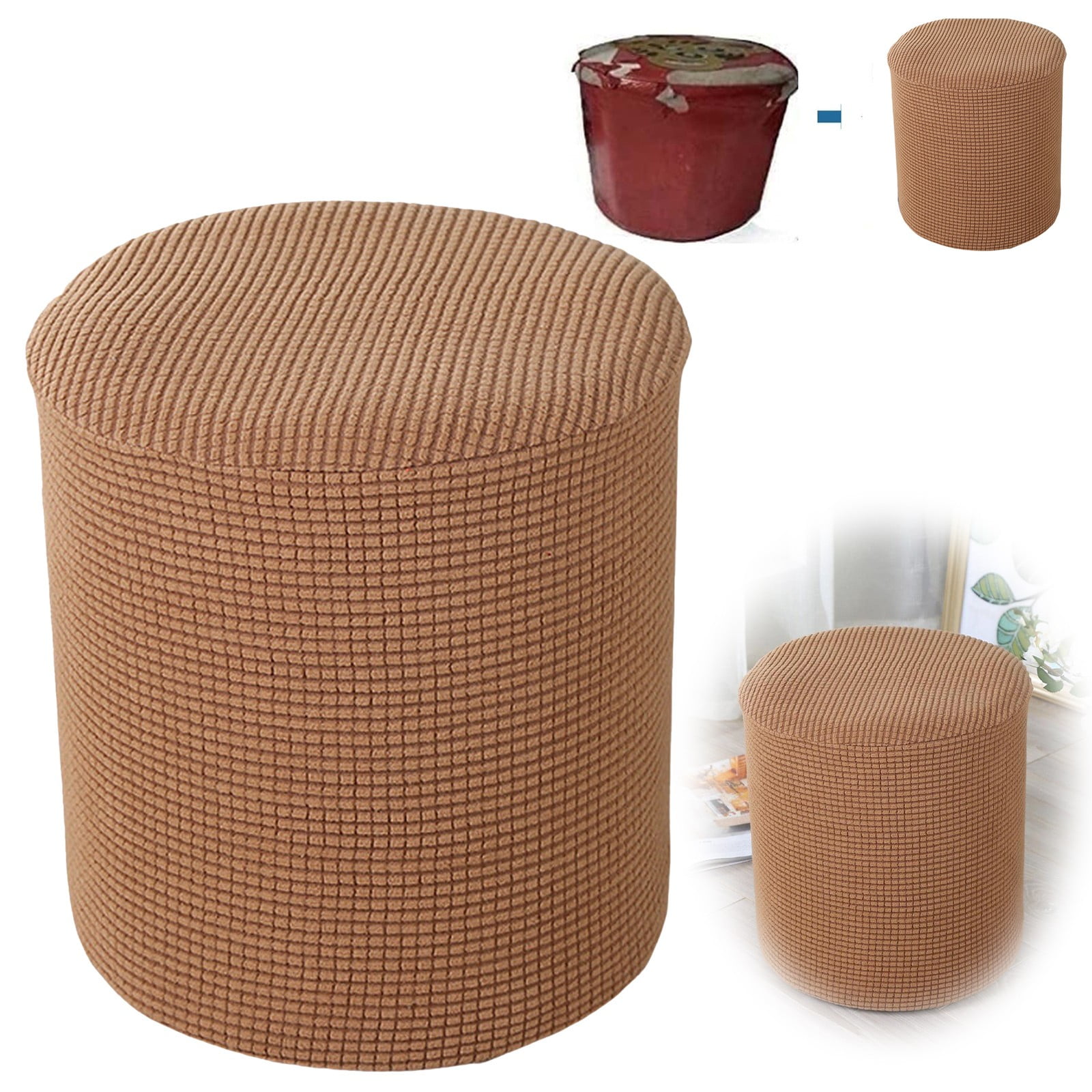 1 Sofa Cover Cover Slipcover Round Foot Stool Cover Footstool Cover Footrest Ottoman Foot Pouffe Protector with Elastic Bottom Washable One Size Coffee - Image 2
