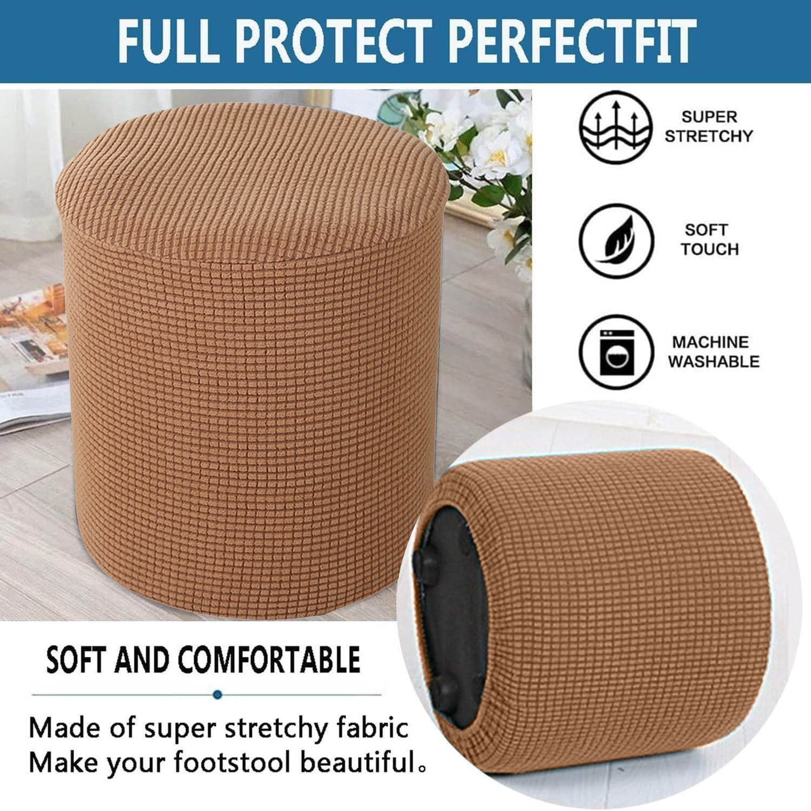 1 Sofa Cover Cover Slipcover Round Foot Stool Cover Footstool Cover Footrest Ottoman Foot Pouffe Protector with Elastic Bottom Washable One Size Coffee - Image 4