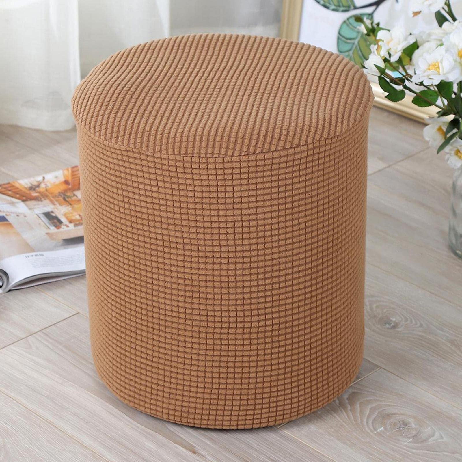 1 Sofa Cover Cover Slipcover Round Foot Stool Cover Footstool Cover Footrest Ottoman Foot Pouffe Protector with Elastic Bottom Washable One Size Coffee - Image 6