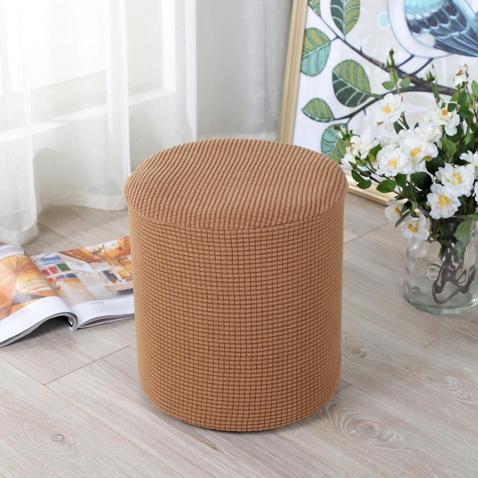 1 Sofa Cover Cover Slipcover Round Foot Stool Cover Footstool Cover Footrest Ottoman Foot Pouffe Protector with Elastic Bottom Washable One Size Coffee - Image 7