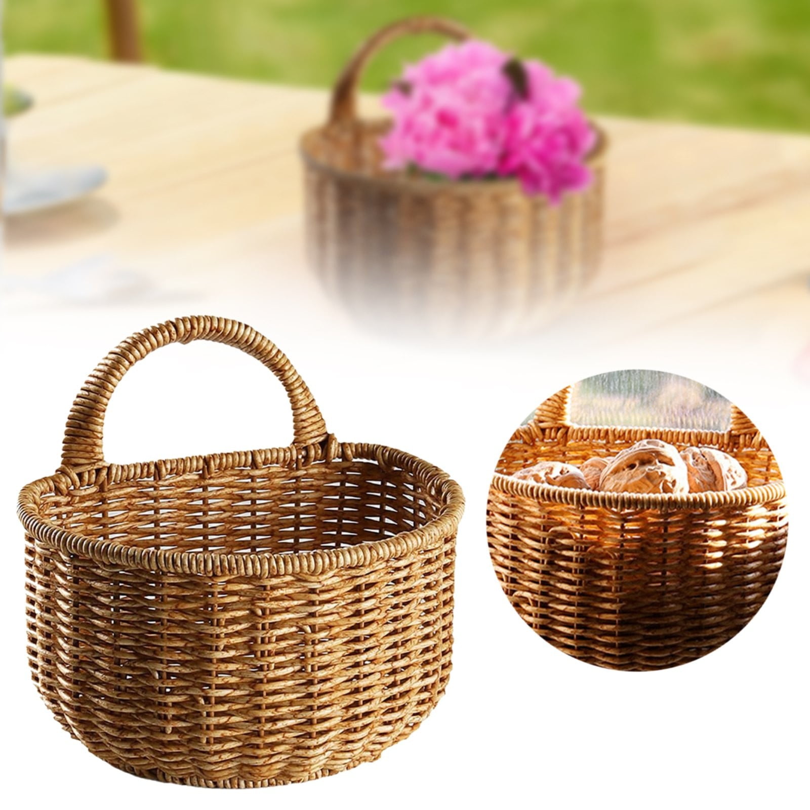 Small Wall-Mounted Kitchen Storage Basket, Hanging Storage Wicker Baskets Wall Mounted Woven Hanging Basket Wicker Small Basket with Handle Wicker Basket with Handle Small Basket Organizer Large wall-mounted kitchen storage basket Khaki - Image 2