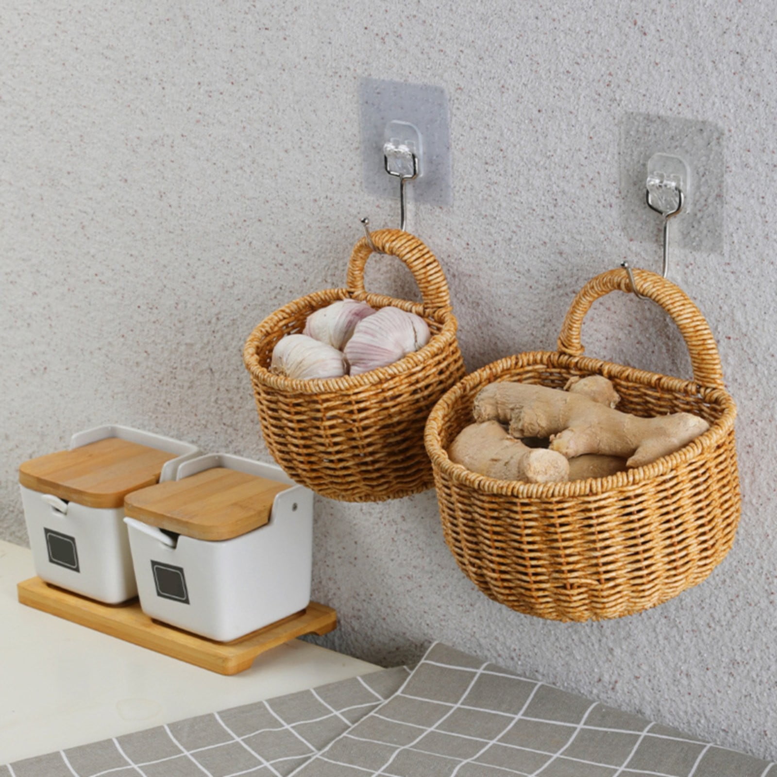 Small Wall-Mounted Kitchen Storage Basket, Hanging Storage Wicker Baskets Wall Mounted Woven Hanging Basket Wicker Small Basket with Handle Wicker Basket with Handle Small Basket Organizer Large wall-mounted kitchen storage basket Khaki - Image 6