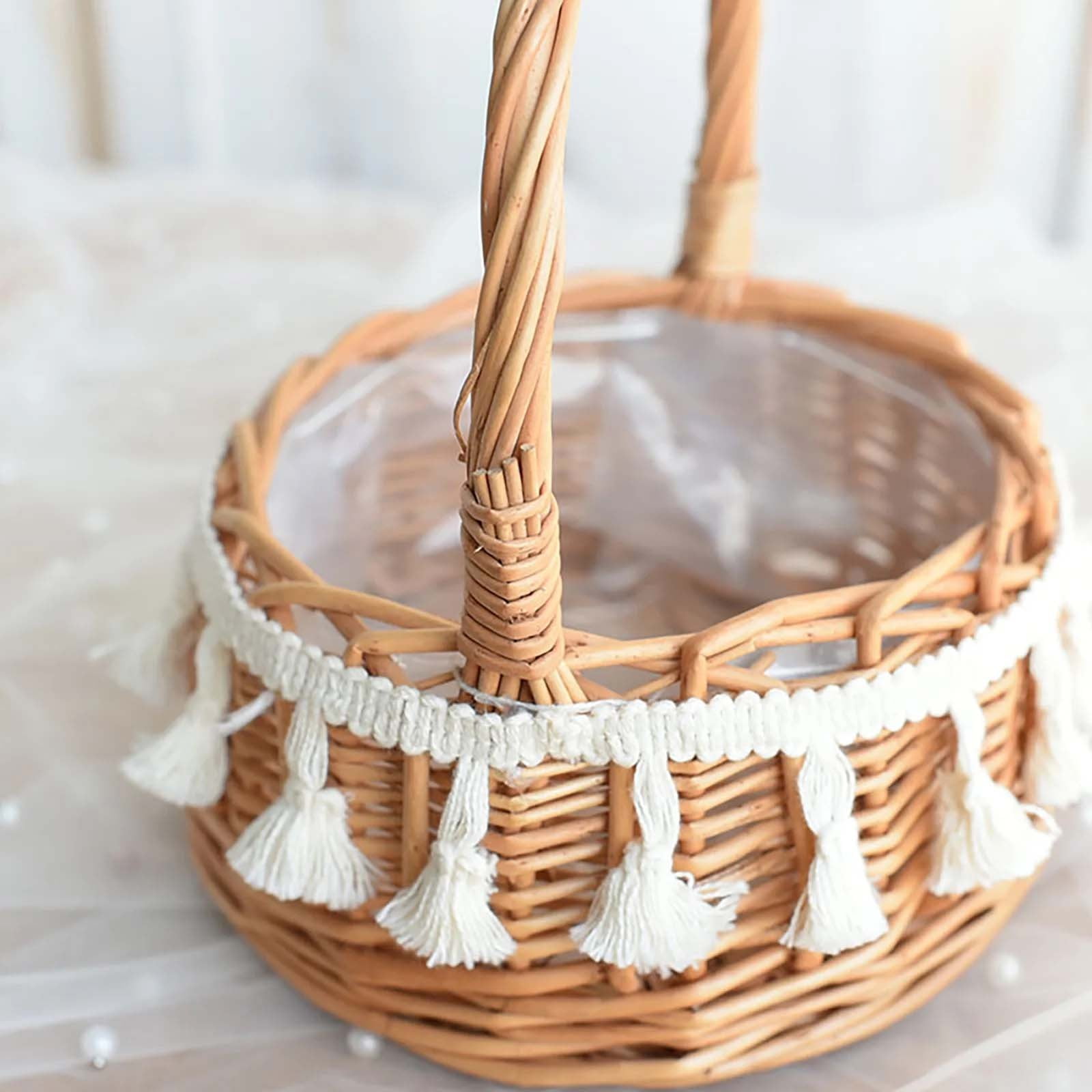 Small Wall-Mounted Kitchen Storage Basket, Hanging Storage Wicker Baskets Wall Mounted Woven Hanging Basket Wicker Small Basket with Handle Wicker Basket with Handle Small Basket Organizer S Wedding basket with tassels - Image 6
