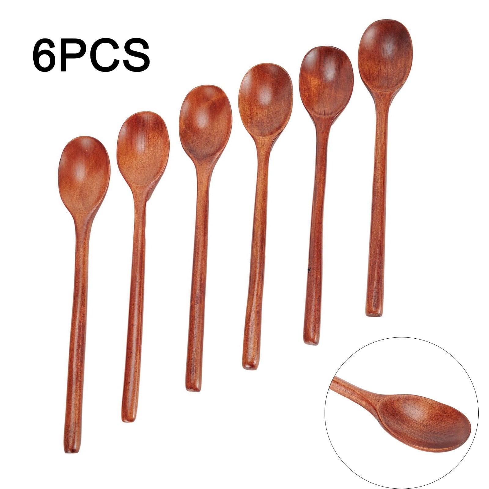 Gerich Long Wooden Spoon,6 Pieces 9 inch Korean Style Spoon,Kitchen Long Handle Mixing Spoon,Natural Wood Soup Spoon for Kids - Image 1