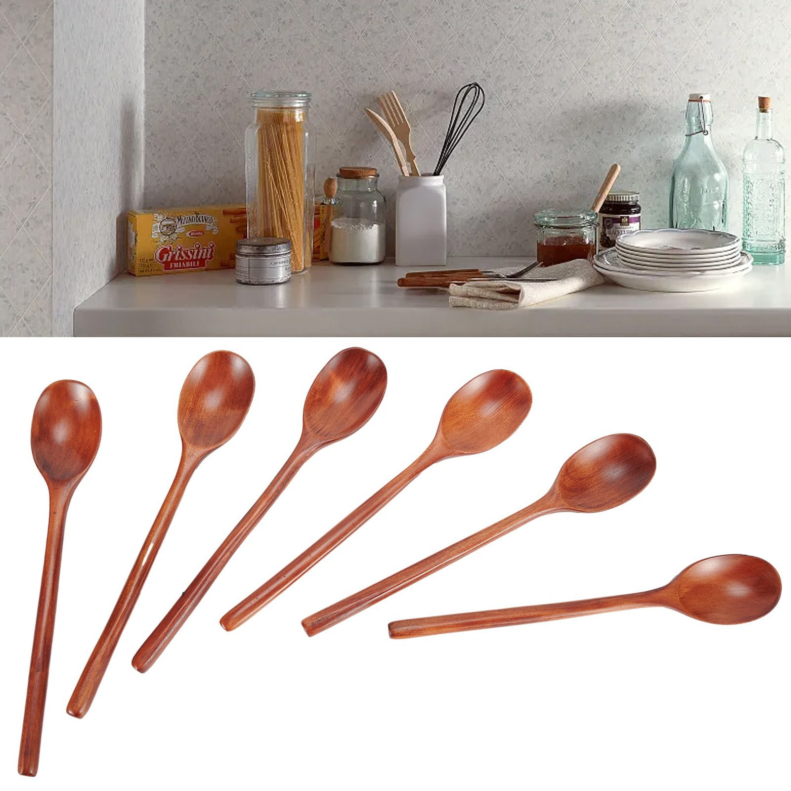 Gerich Long Wooden Spoon,6 Pieces 9 inch Korean Style Spoon,Kitchen Long Handle Mixing Spoon,Natural Wood Soup Spoon for Kids - Image 2