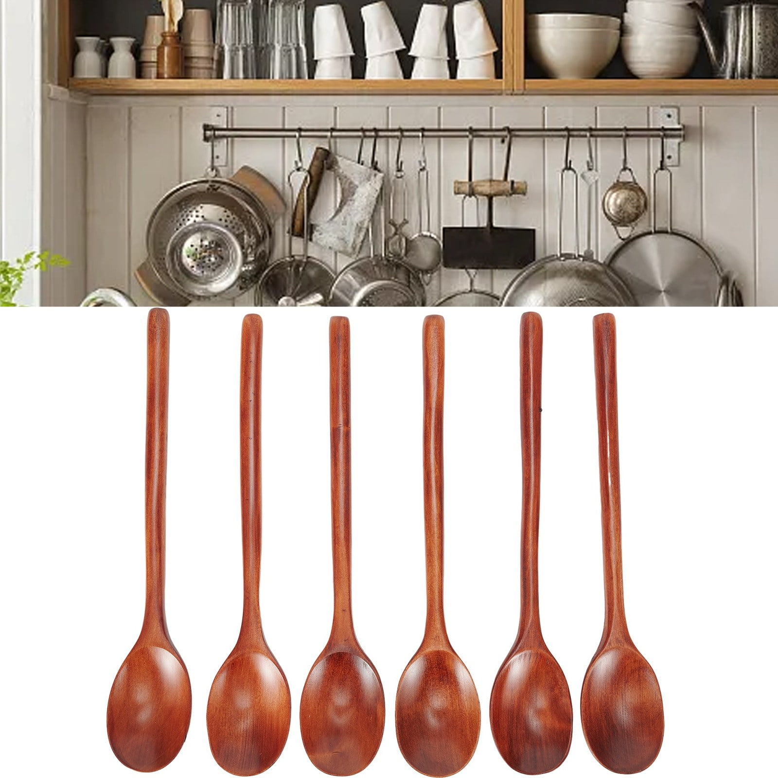 Gerich Long Wooden Spoon,6 Pieces 9 inch Korean Style Spoon,Kitchen Long Handle Mixing Spoon,Natural Wood Soup Spoon for Kids - Image 7