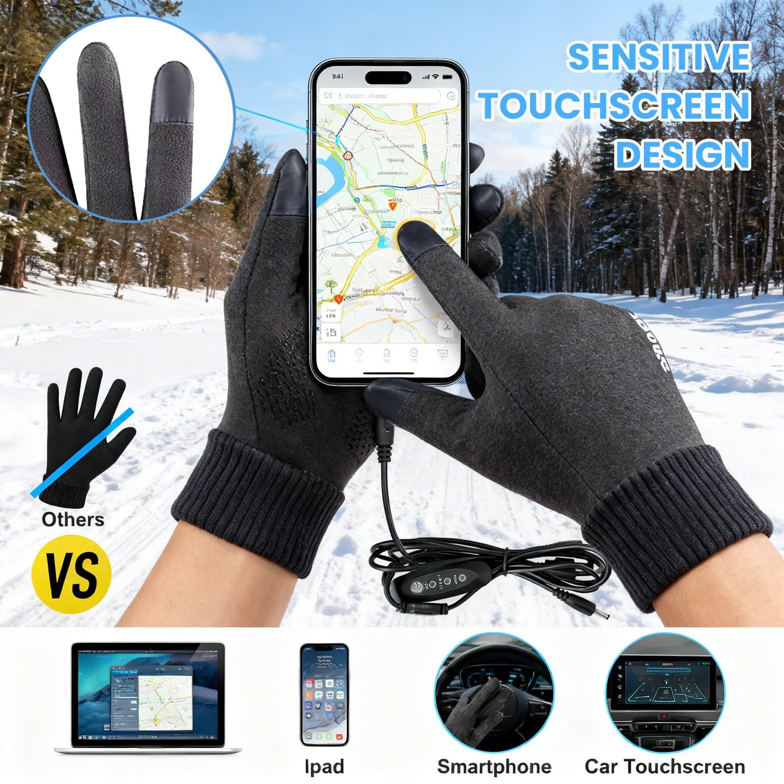 LGCASL Clearance! Heated Gloves Heated Gloves for Men Women with 3 Heat Settings Touchscreen Warming Gloves for Climbing Hiking Cycling Camping- Grey 26 Black - Image 7
