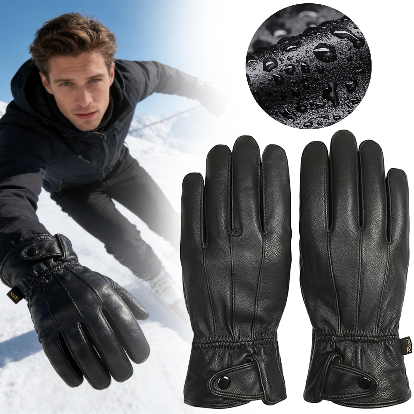 LGCASL Clearance! Mens Gloves，Gloves for Men，Mens Winter Gloves，Mens Leather Gloves Mens Winter Black Leather Gloves for Driving Dress Real Sheepskin Leather Warm Fleece Lined Gloves- 23*12cm Black - Image 2