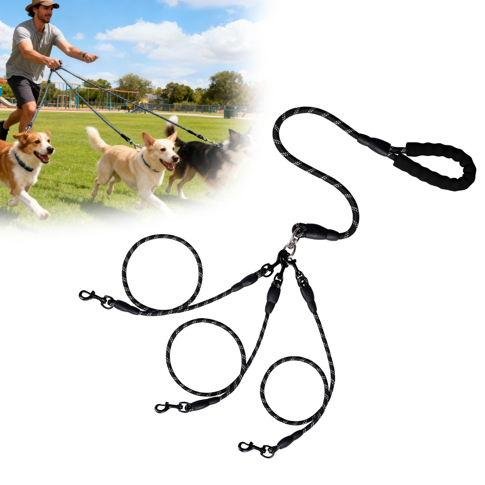 LGCASL 3 Dog Leash No Tangle, Heavy Duty Multiple Dog Lead Shock Absorbing Bungee, Triple Bungee Leash, Reflective Dog Leash Free Multi Pet Walking Rope with Detachable Black - Image 2