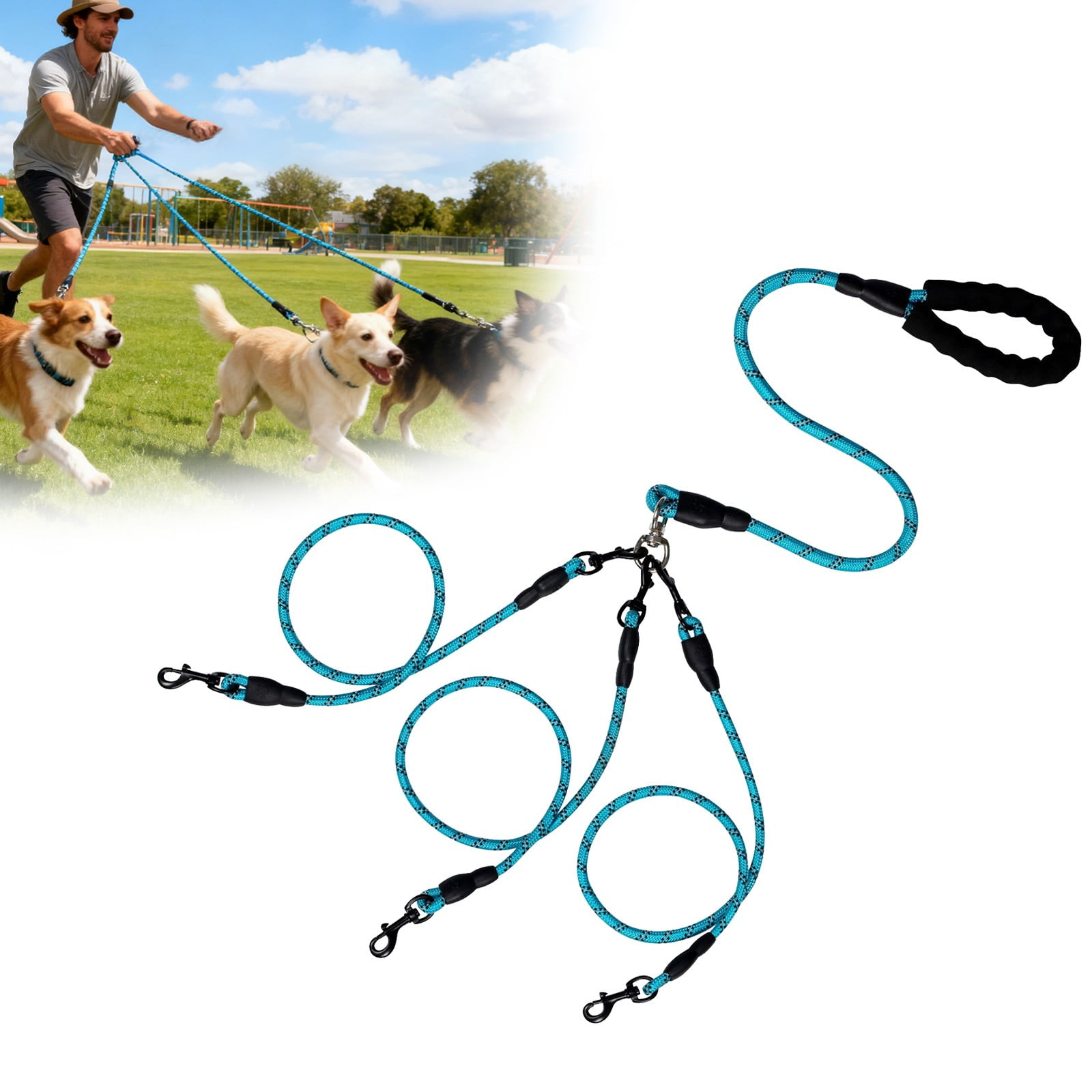 LGCASL 3 Dog Leash No Tangle, Heavy Duty Multiple Dog Lead Shock Absorbing Bungee, Triple Bungee Leash, Reflective Dog Leash Free Multi Pet Walking Rope with Detachable, Black Blue - Image 2