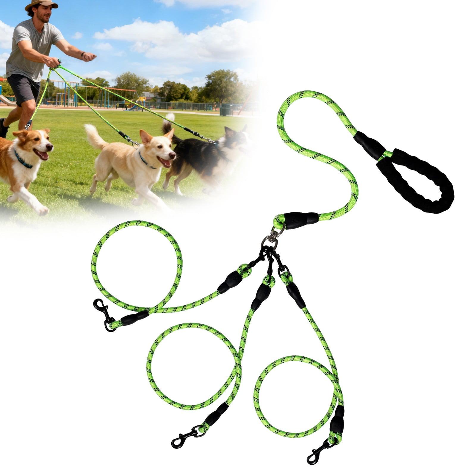 LGCASL 3 Dog Leash No Tangle, Heavy Duty Multiple Dog Lead Shock Absorbing Bungee, Triple Bungee Leash, Reflective Dog Leash Free Multi Pet Walking Rope with Detachable, Black Green - Image 2