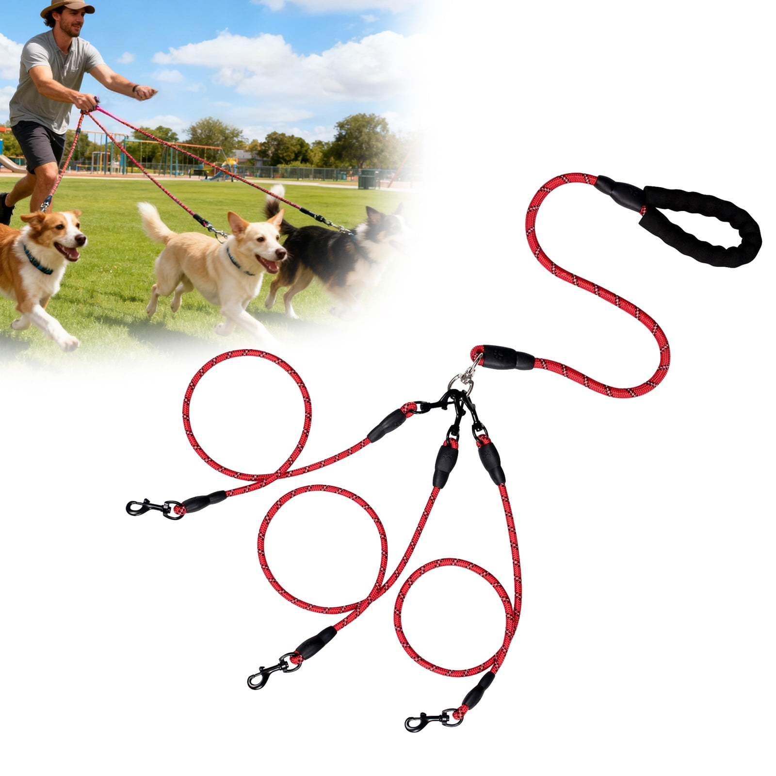 LGCASL 3 Dog Leash No Tangle, Heavy Duty Multiple Dog Lead Shock Absorbing Bungee, Triple Bungee Leash, Reflective Dog Leash Free Multi Pet Walking Rope with Detachable, Black Red - Image 2