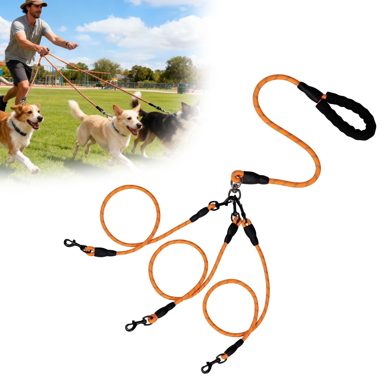 LGCASL 3 Dog Leash No Tangle, Heavy Duty Multiple Dog Lead Shock Absorbing Bungee, Triple Bungee Leash, Reflective Dog Leash Free Multi Pet Walking Rope with Detachable, Black Yellow - Image 2