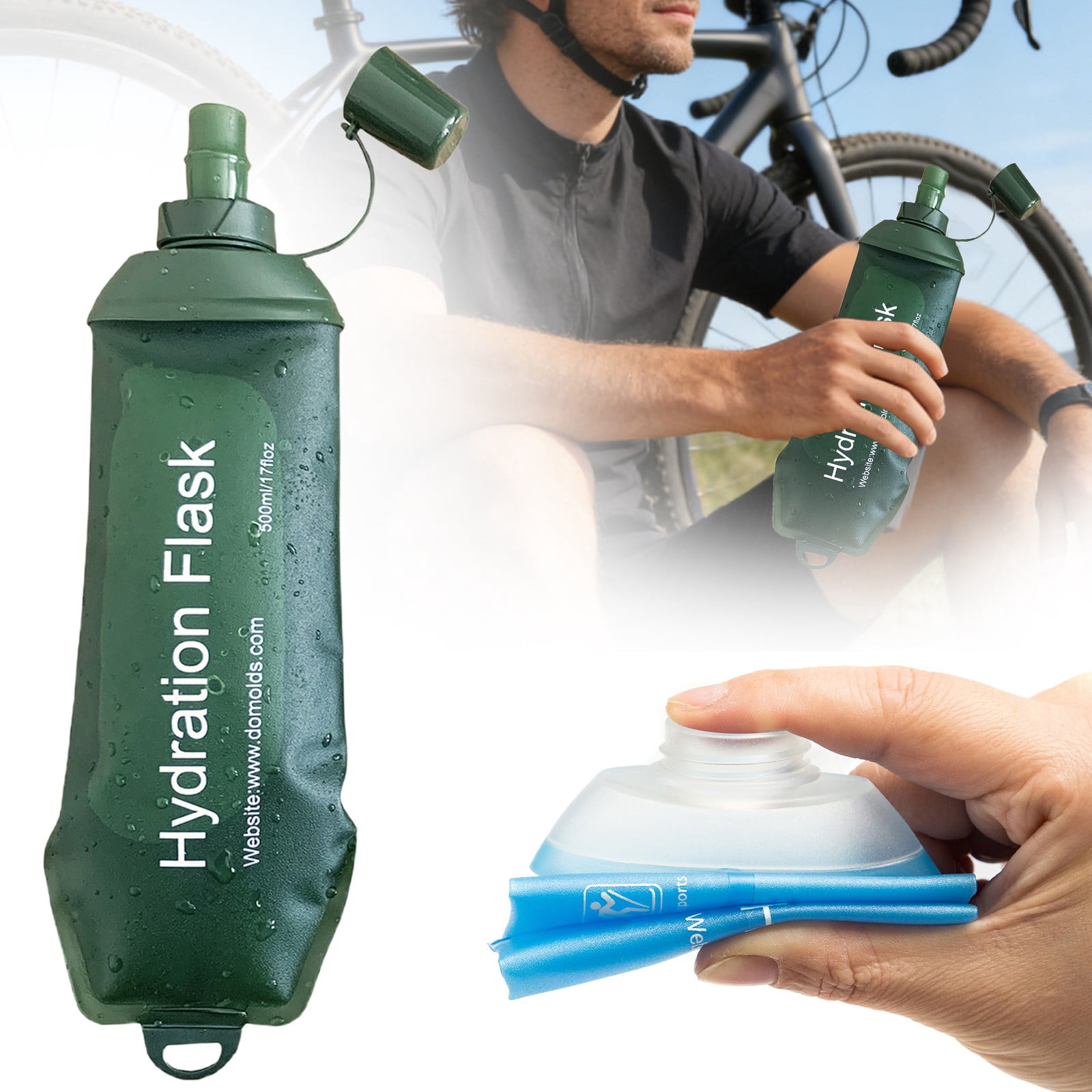 150ml Soft Flask,Light Tpu Foldable Soft Water Bottle Leak Proof Hydration Flask,Soft Water Bottle Running for Running Hiking Cycling Camping Portable Travel Sports Water Bag Easy to Carry M(250ml) Army Green - Image 2
