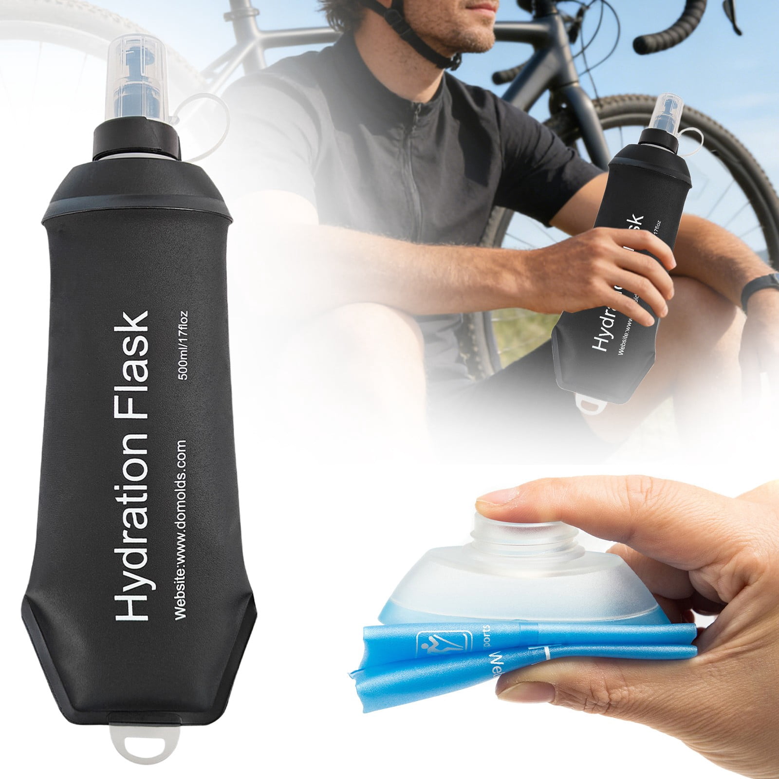 150ml Soft Flask,Light Tpu Foldable Soft Water Bottle Leak Proof Hydration Flask,Soft Water Bottle Running for Running Hiking Cycling Camping Portable Travel Sports Water Bag Easy to Carry L(500ml) Black - Image 2