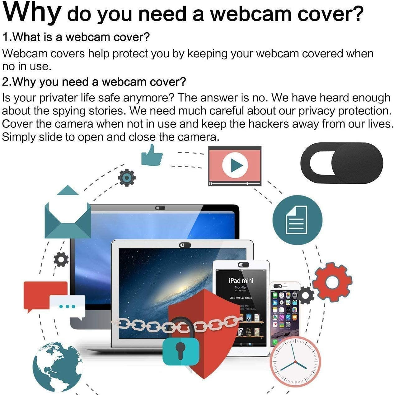 3 Pack Webcam Cover Slider for Privacy, 0.027in Ultra Thin Design Web Camera Cover Slide for Laptop, Desktop, PC, Tablet, Smartphone and More - (Black) - Image 5