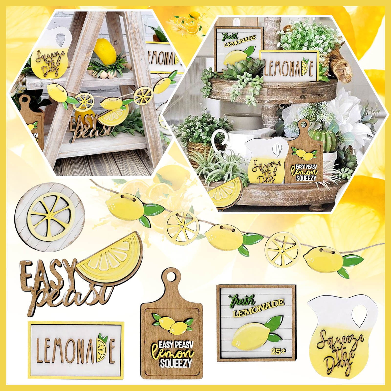JWDX Wooden Clearance Signs Mini Graduation Lemon Tiered Summer Farm Tiered Rustic Tray Style Wooden Decor Decorations Tray Desktop Ornament Yellow - Image 2