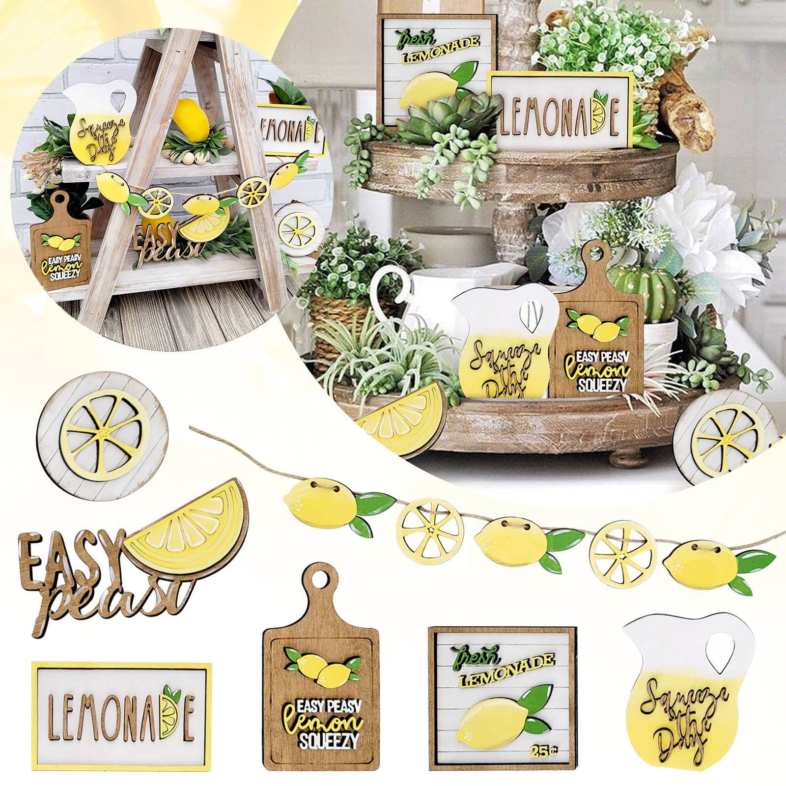 JWDX Wooden Clearance Signs Mini Graduation Lemon Tiered Summer Farm Tiered Rustic Tray Style Wooden Decor Decorations Tray Desktop Ornament Yellow - Image 5