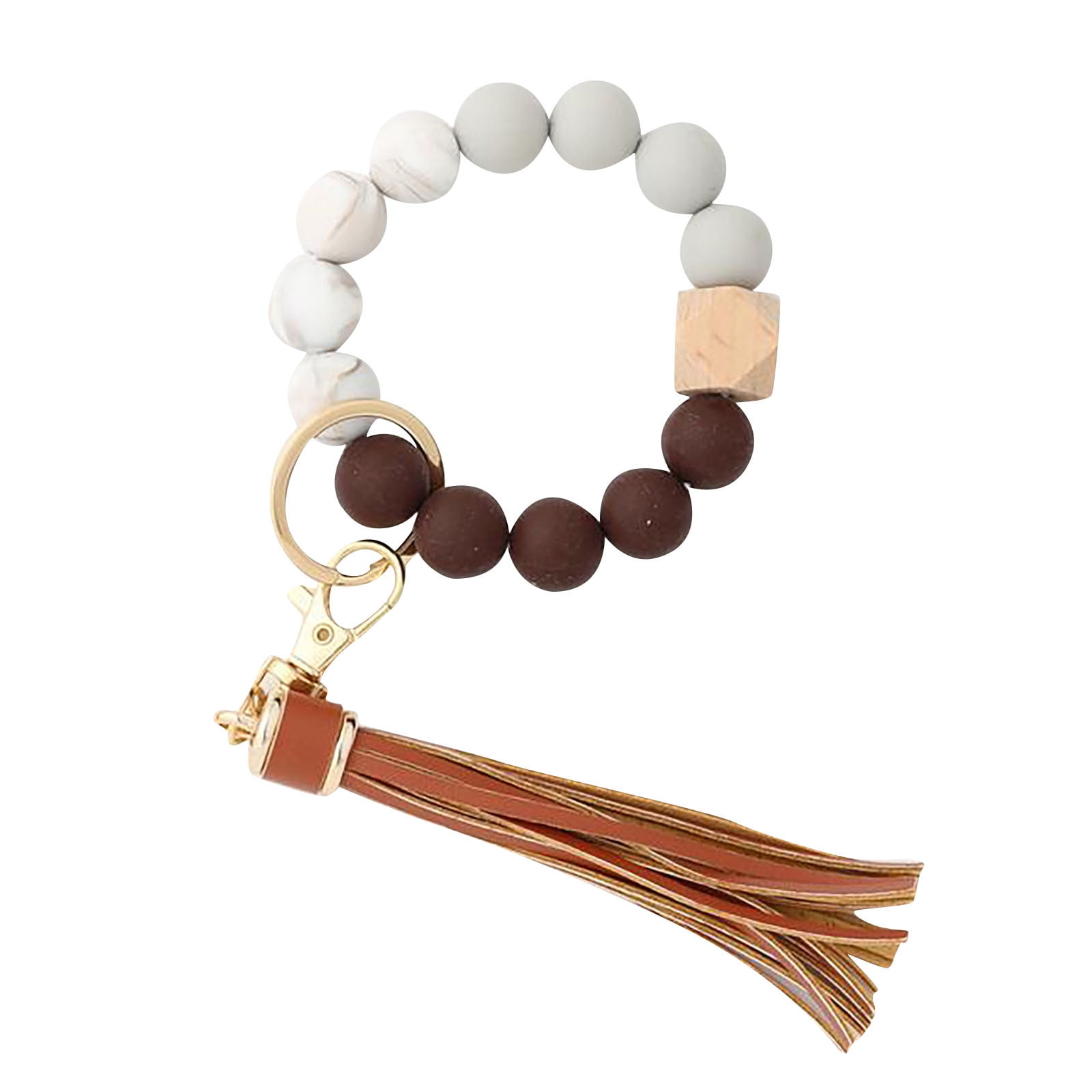 JWDX Ring, Hangs Clearance! Silicone Key Ring Bracelet, Women Beaded Bangle Keychain Wristlet Leather Tassel F A - Image 1